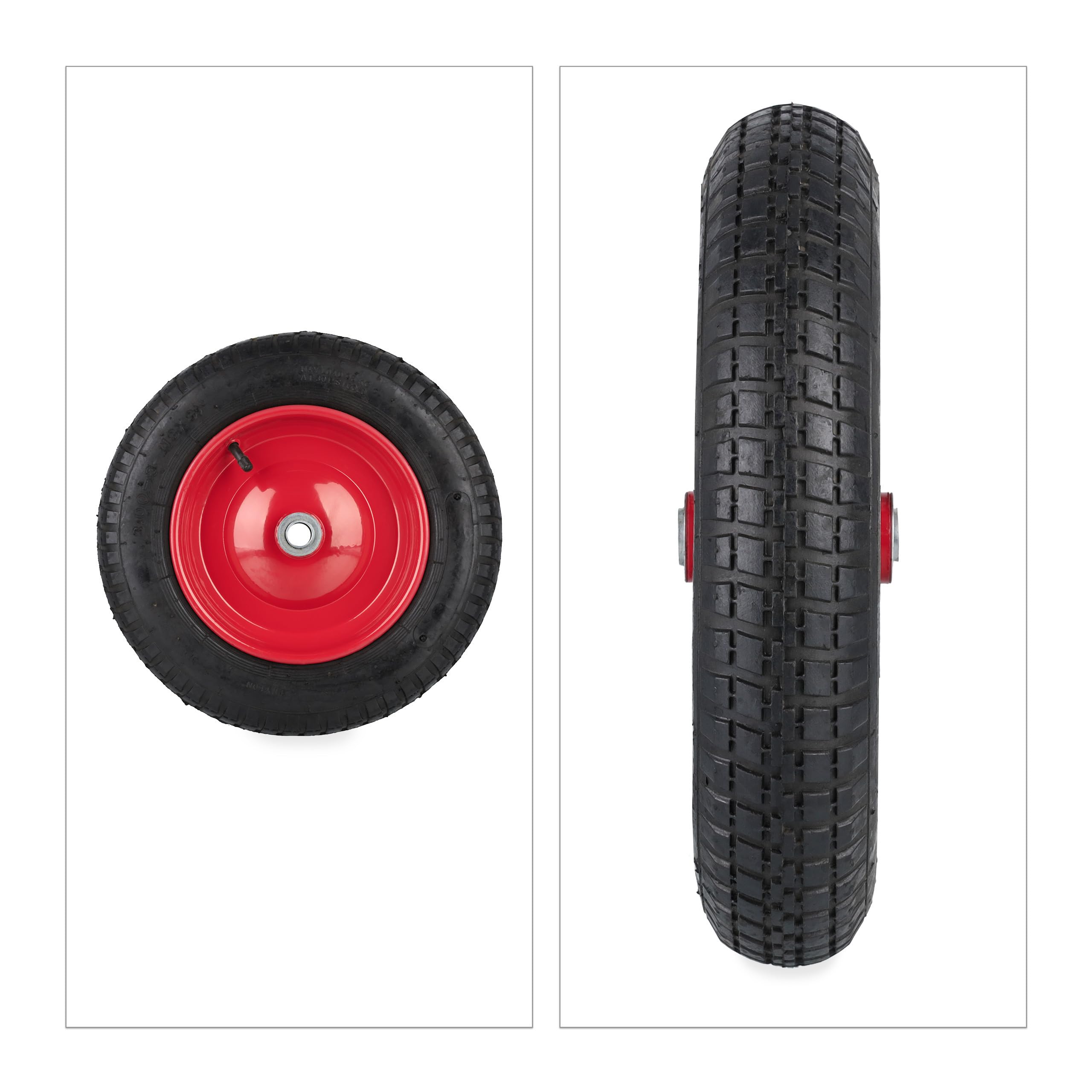 Relaxdays Roue de brouette 3.00-8, pneumatique, Jante en Acier, Charge maximale : 100 kg, avec Valve, Noir et Rouge