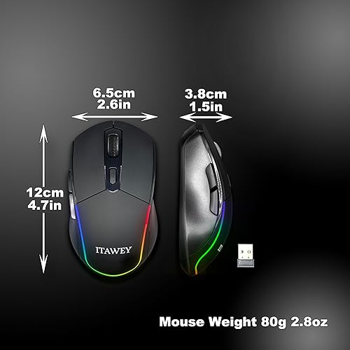 Miniatura 7 de Ratón inalámbrico con tira LED multicolor, tres modos (2 x Bluetooth 5.2 y 1 x receptor USB 2.4G), 6 botones, recargable, clics silenciosos, alta