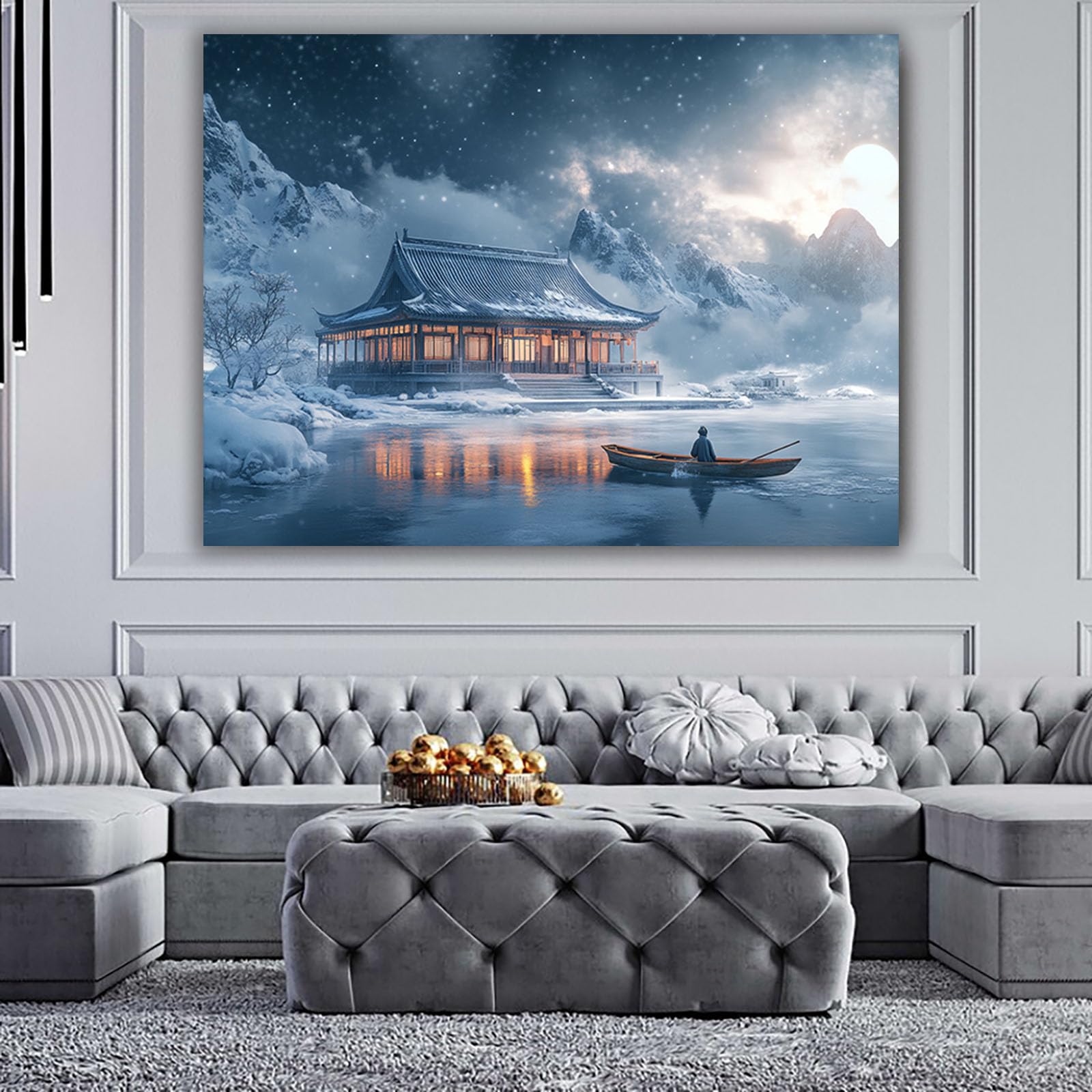 WUFIEA Azjatycka sztuka ścienna tradycyjny chiński obraz śnieg jezioro łodzie do dekoracji domu salonu sypialni (Blu foschia) - 70 x 100 cm oprawione