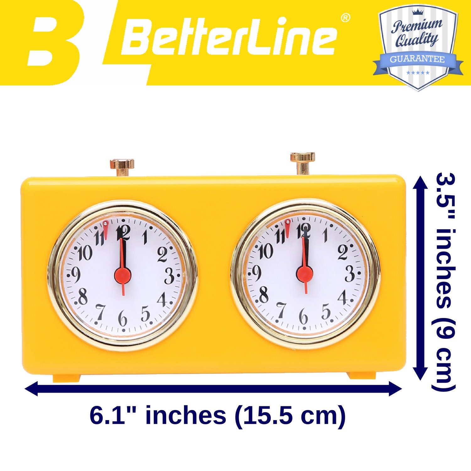 BETTERLINE Minuterie d'horloge d'échecs analogique rétro - Horloge d'échecs mécanique à remontage avec de Grands Cadrans faciles à Lire, sans Pile (Jaune)