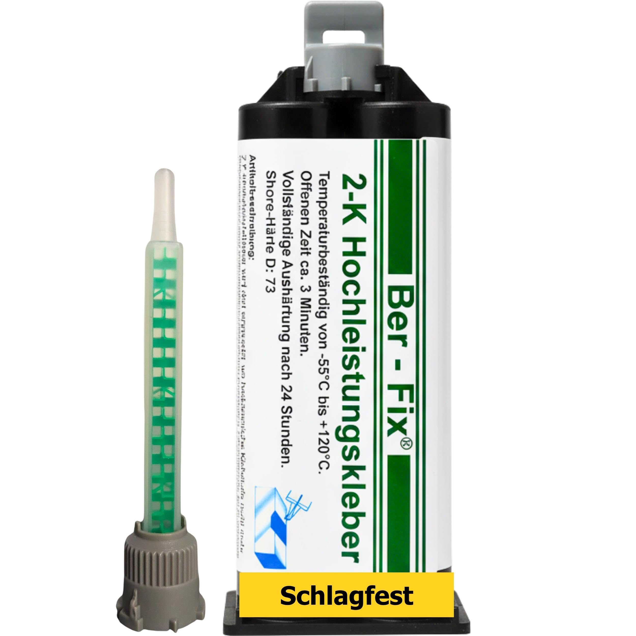 Ber-Fix 2K Hochleistungskleber 3 Min - Profi-Set (50g) | 2K-Kleber-Set mit passendem Zubehör; Mischdüsen und Pistole nach Lieferumfang klar angegeben.