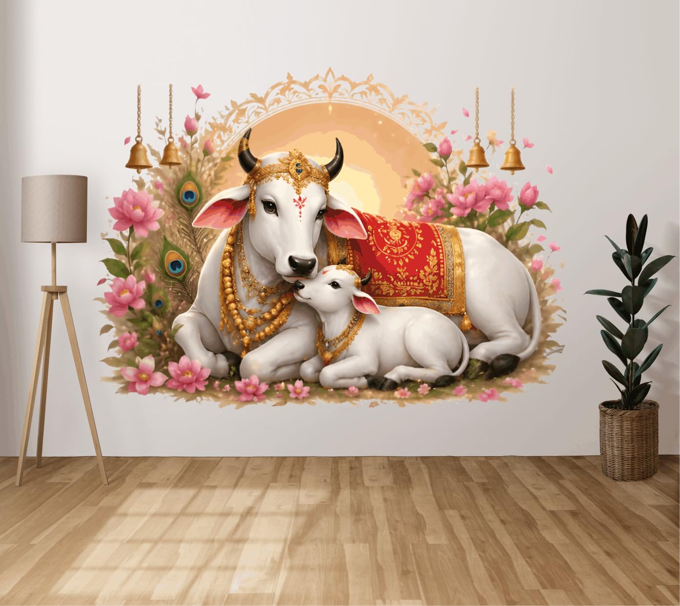 Kamdhenu Cow with Calf Wall Sticker for Home Decor | Divine Gau MATA PVC Vinyl Sticker | Living Room Bedroom Temple Decoration | 24x60 cm-image-7