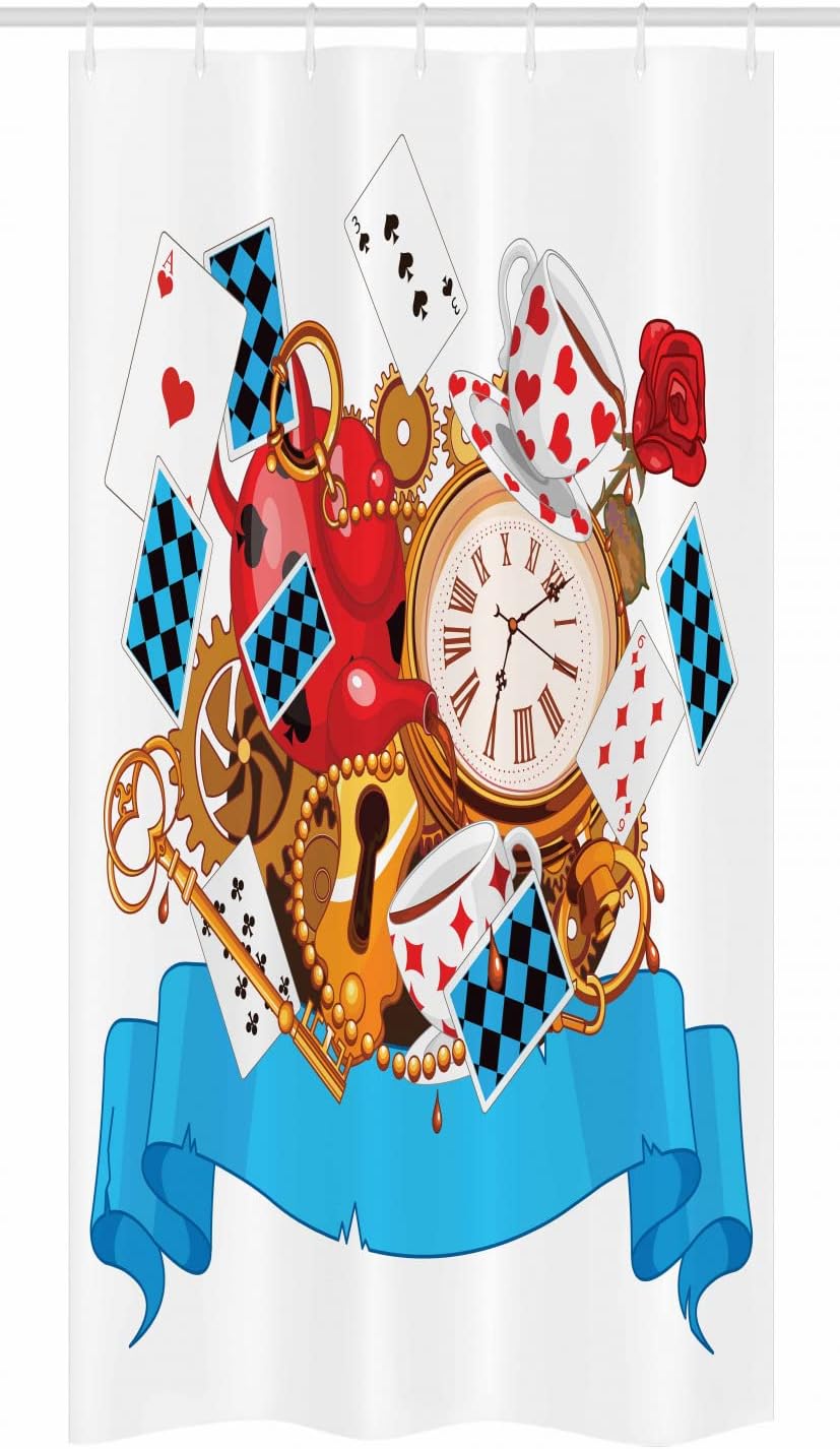 Ambesonne Alice in Wonderland Stall Shower Curtain, Mad Design of Cards Clocks Tea Pots Keys Flowers Fantasy World Art, Fabric Bathroom Decor Set with Hooks, 36" W x 72" L, Soft Blue Red White