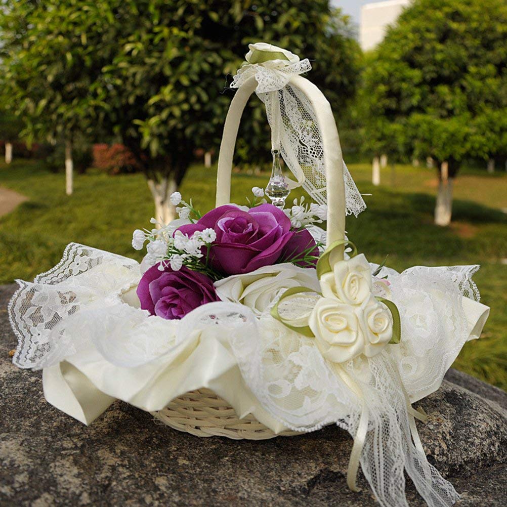 Amosfun Matrimonio Fiore Ragazza Cestino Pizzo Fiore di Rosa Cestino da Sposa per Cerimonia di Nozze Bomboniere Decorazione (Bianco Latte)