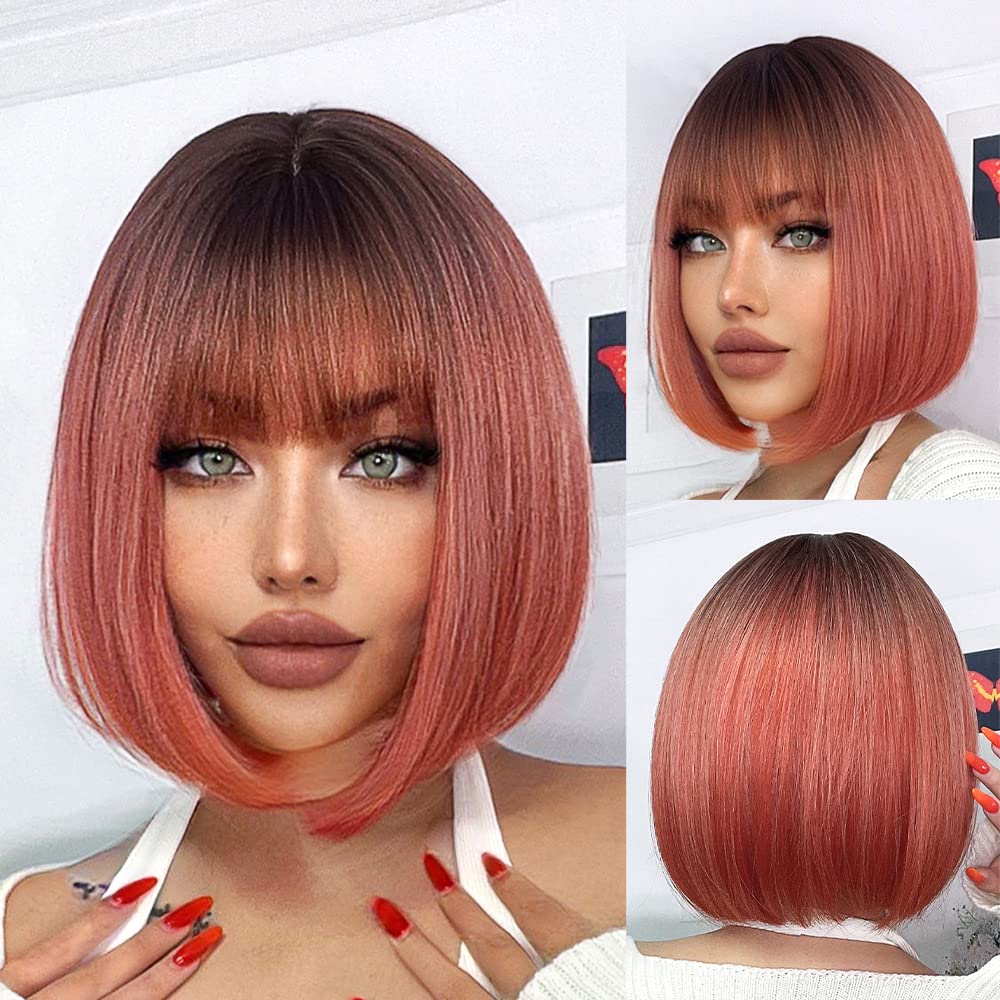 MUPUL Ombre Purple Wig Short Body Wavy Bob Wigs for Women With Bangs Shoulder Length Synthetic Cosplay Party Wig for Girls Daily Use Colorful Wigs (