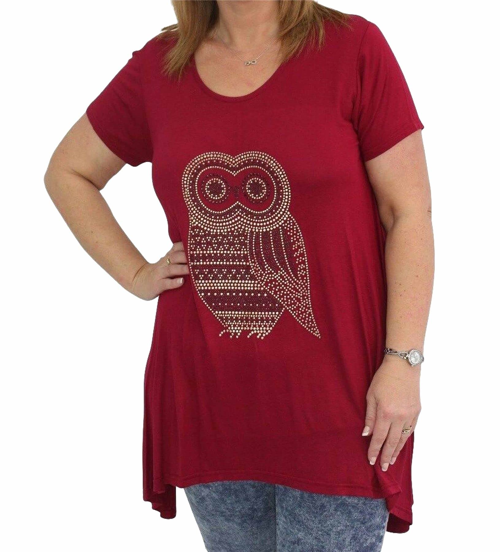 Gostyles Women's Wine Gostyles® Owl Diamante Studded Hanky Hem Top, Short Sleeve Sparkly Blouse T-Shirt, Uneven Hem Oversized Casual Evening Tunic Top (, 30-32)