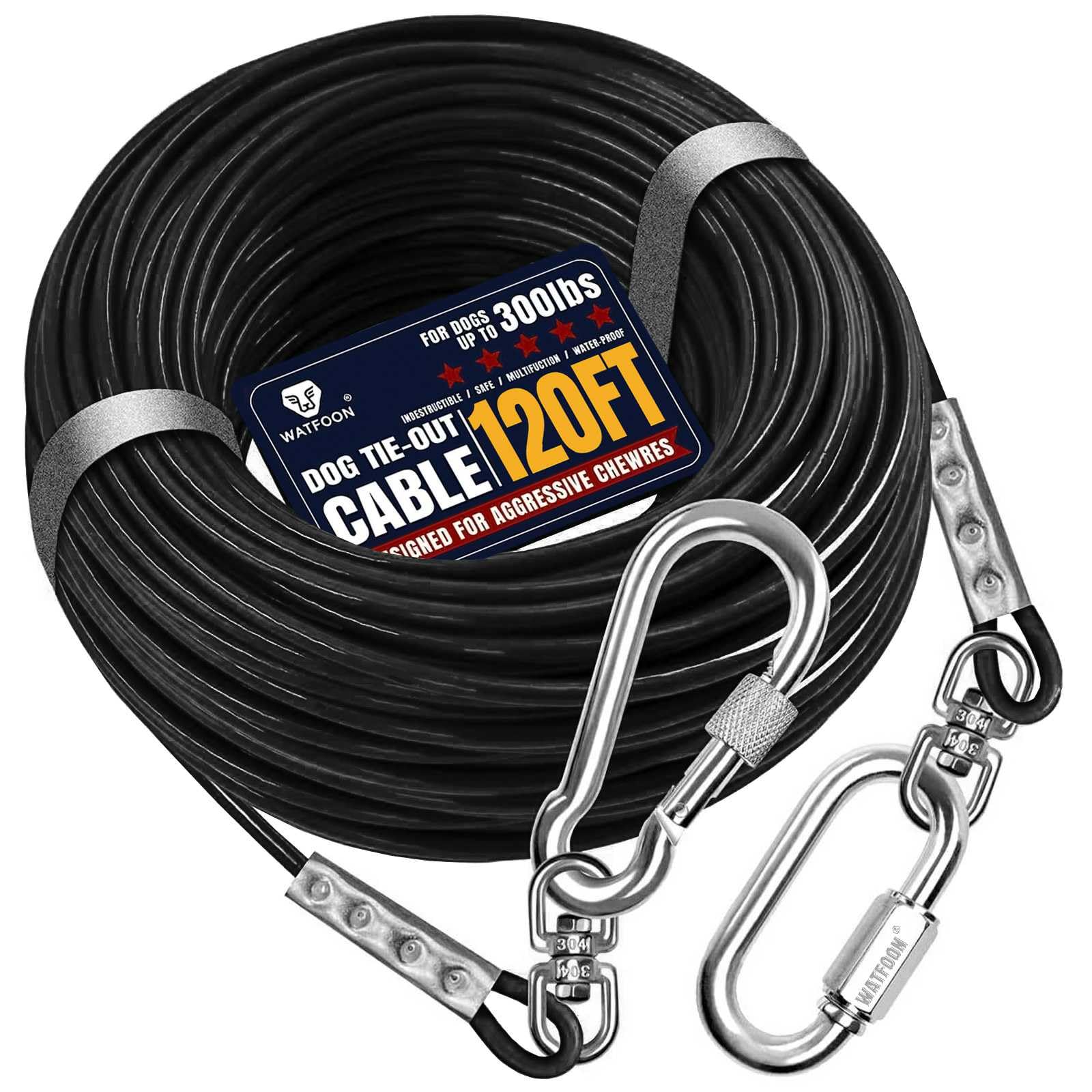 Tie Out Cable for Dogs Up to 300lbs, 120ft Extra Strong 1000lbs Break Strength Tie-Out Tether Trolley Training Lead,Dog Run Cable for Yard Garden Park Camping Outside (Black, 300lbs 120ft)