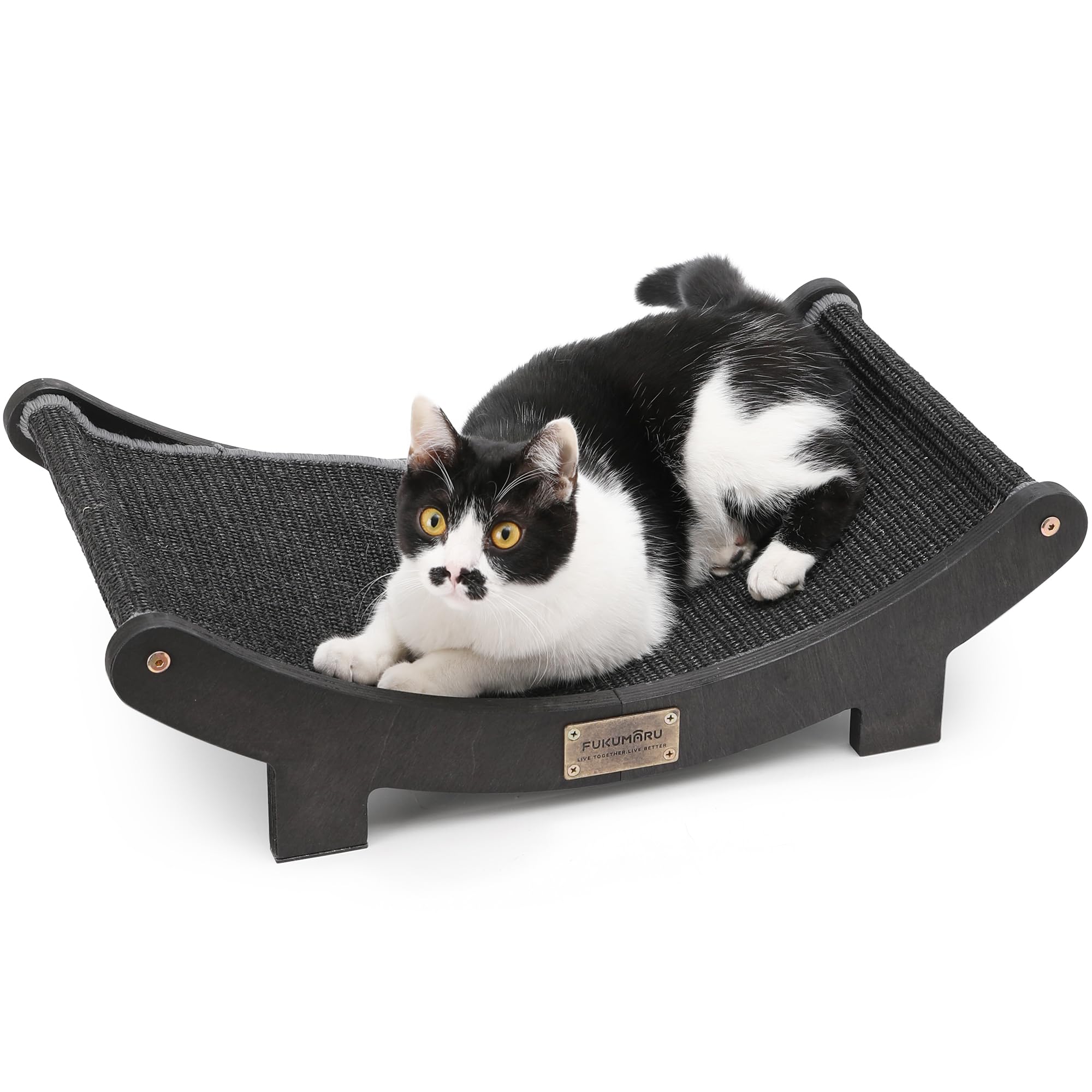 FUKUMARU Cat Scratcher Bed Sisal, 60 cm Durable Scratching Bed for Indoor Cats, Large Cat Scratch Pad, 100% Natural Sisal Hammock, Solid Wood Frame Lounger Chair for Sleep & Scratch (Black)