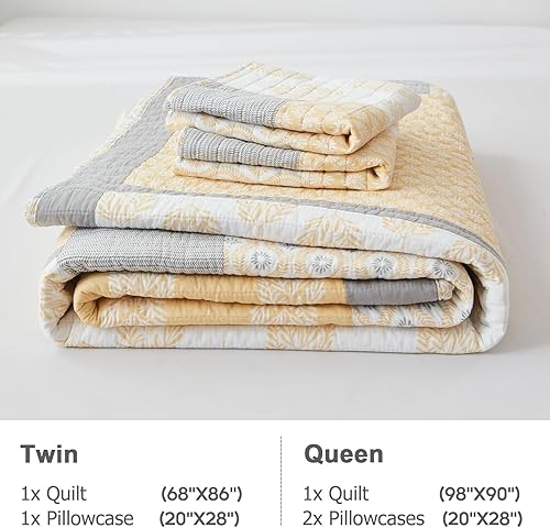 Miniatura 5 de Finlonte Juego de edredón tamaño individual, juego de edredón de 100 % algodón, colcha acolchada de granja amarilla y gris, juego de ropa de cama