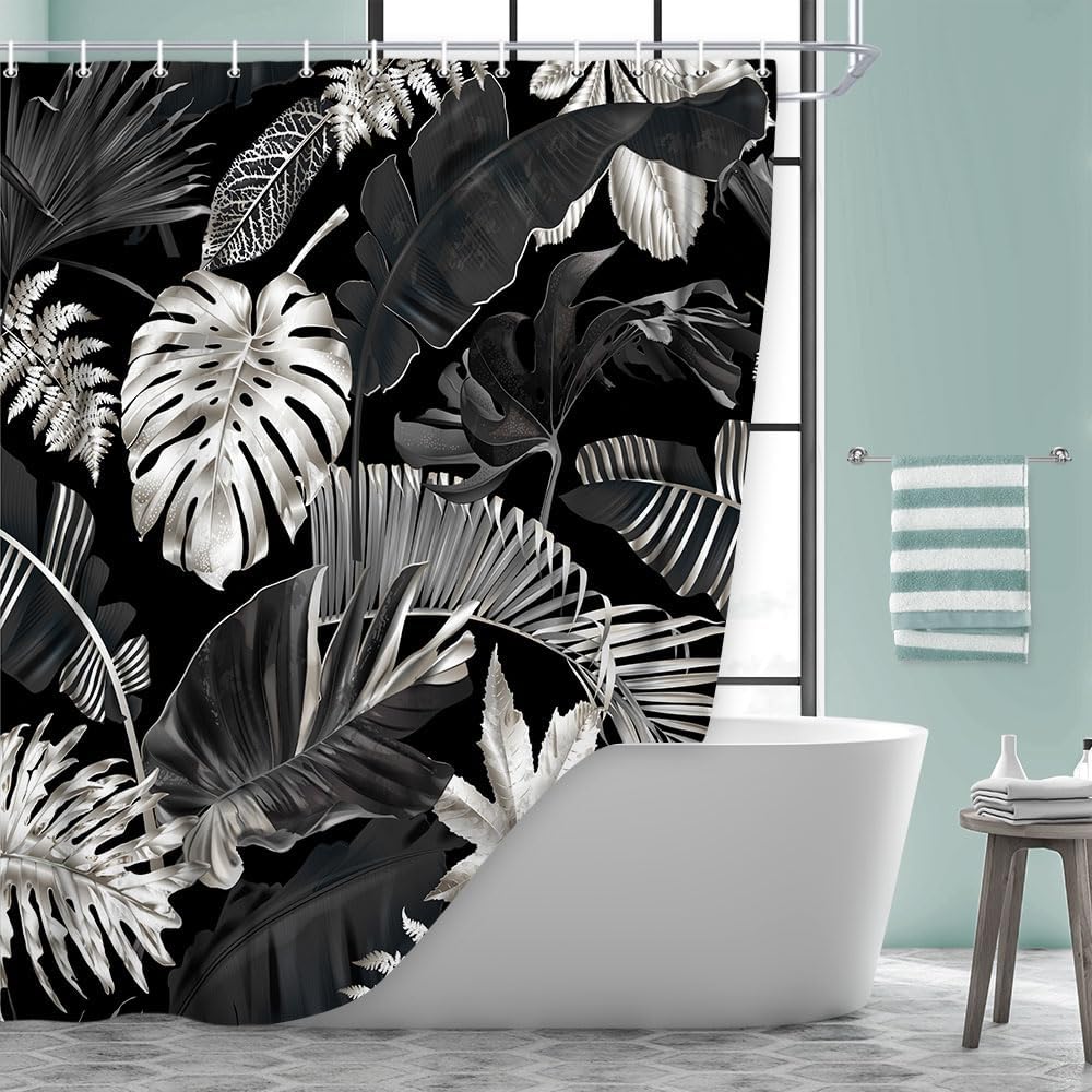 JAWO Tropical Leaves Shower Curtain, Watercolor Botanical Plant Palm Monstera Banana Leaf Decorative Shower Curtains, Polyester Fabric Waterproof Bathroom Shower Curtain Sets with 12 Hooks