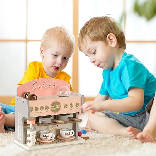 Miniatura 6 de Boczif Juguetes para cafeteras para niños, juego de máquina de café espresso de madera, accesorios de cocina para niños, juegos de comida de juego