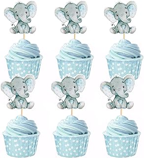 24 Pack Elephant Cupcake Toppers Birthday Cupcake Picks Gender Reveal Elephant Cake Decorations for Boys or Girls Baby Shower Elephant Theme Birthday Party Decorations Supplies(Blue)