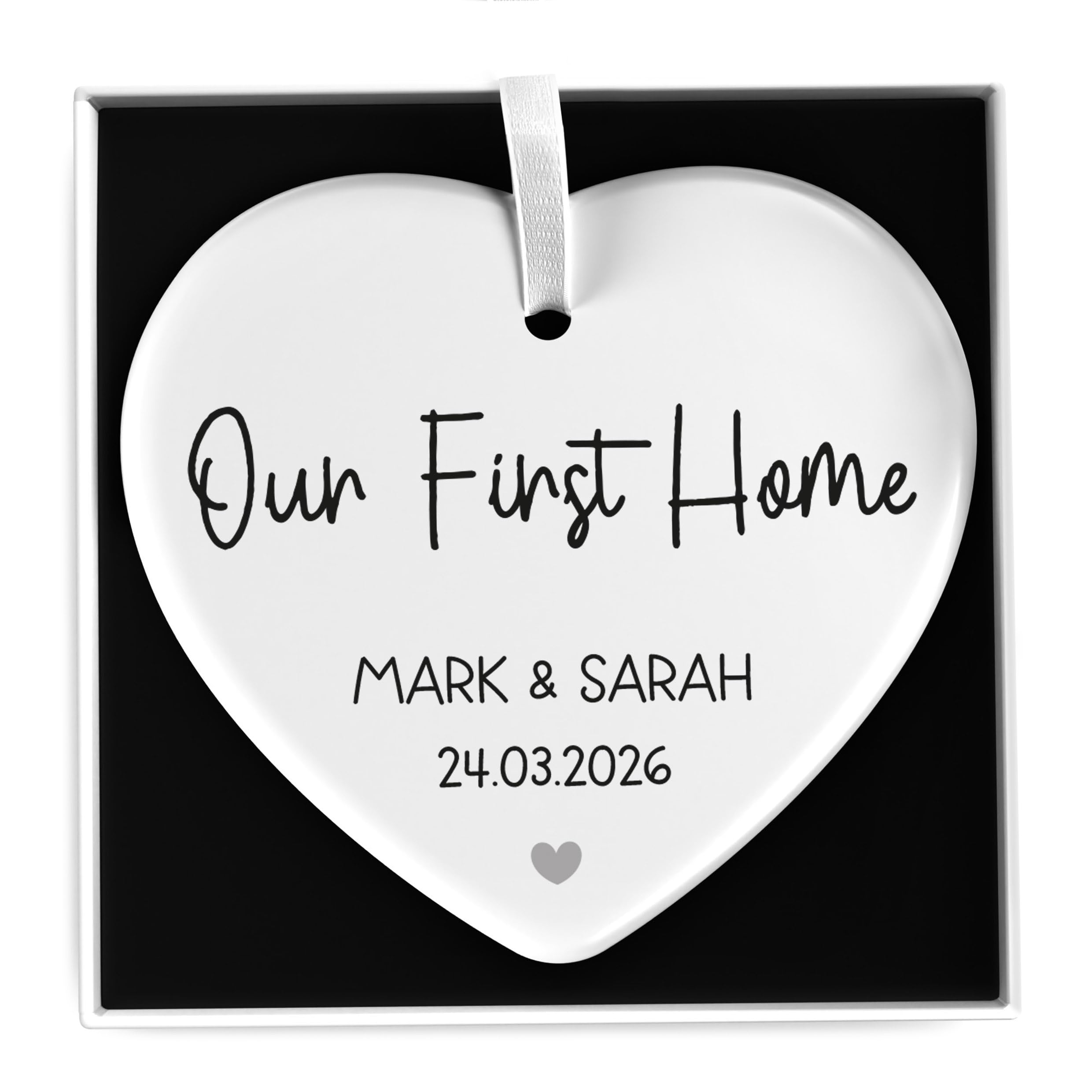 Beecreative Our First Home Gift, First Home Together Ornament, New Home Gift for Couples, House Warming Presents, Personalised White Ceramic Heart Plaque, With Gift Box