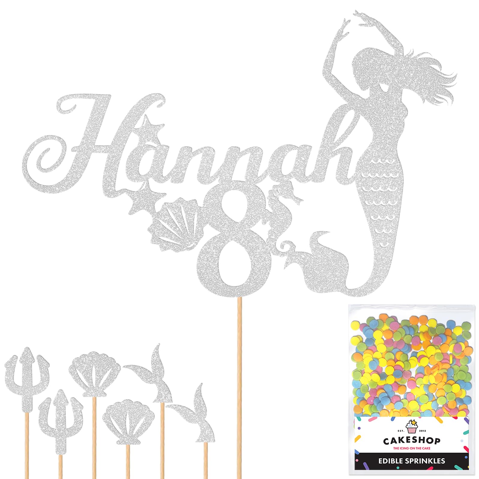 Personalised Birthday Mermaid Glitter Cake Topper- Light Silver Any Custom Age & Name Glitter Cake Decoration and Sprinkles - Happy Birthday Decorations - Personalised Toppers for Cakes by Cakeshop — image 1