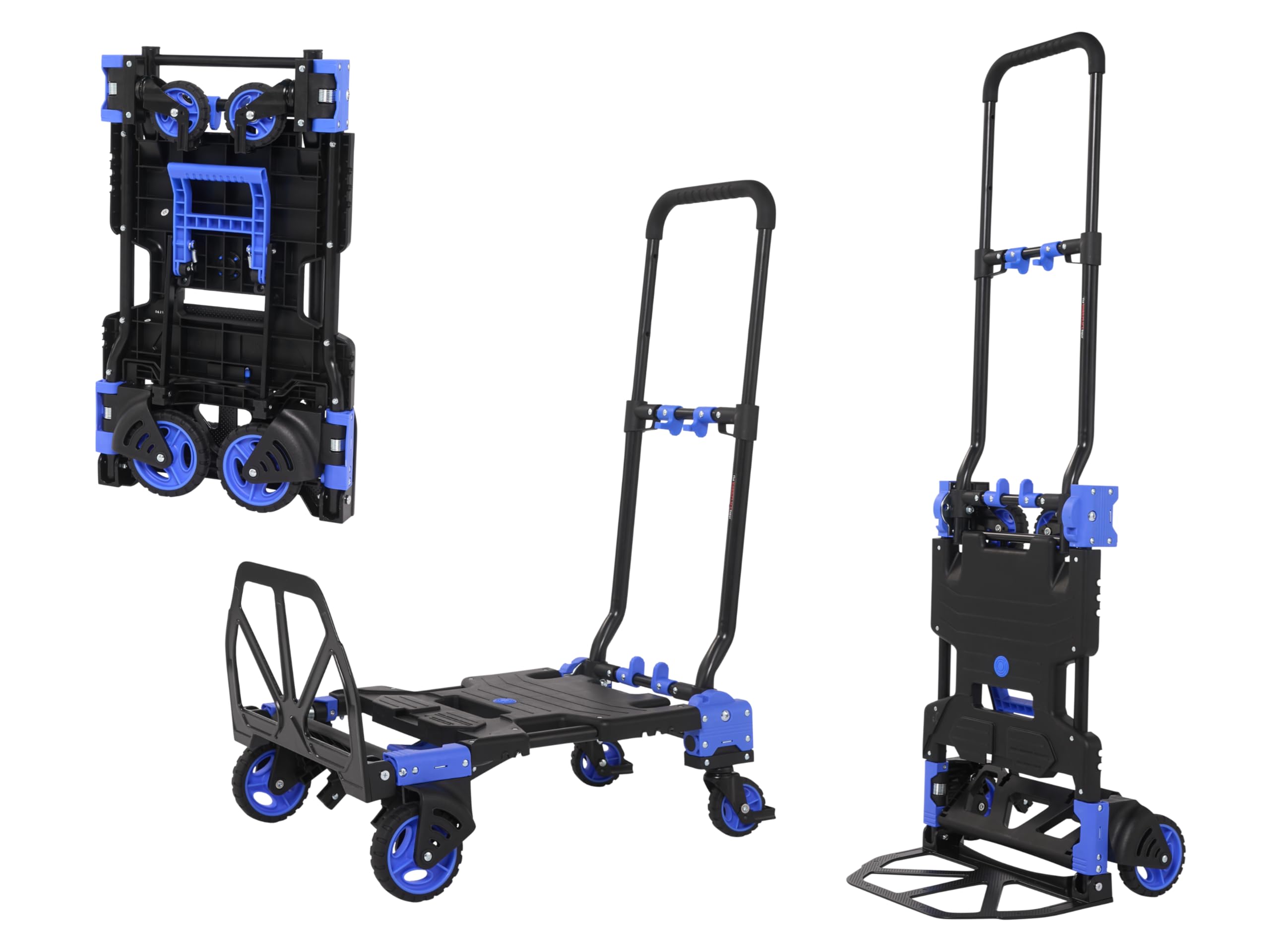 The Workplace Depot Black/Blue 2-In-1 Sack Truck, Multi Purpose Folding Plastic Hand Trolley & Platform Cart With Aluminium Frame & Telescopic Handle