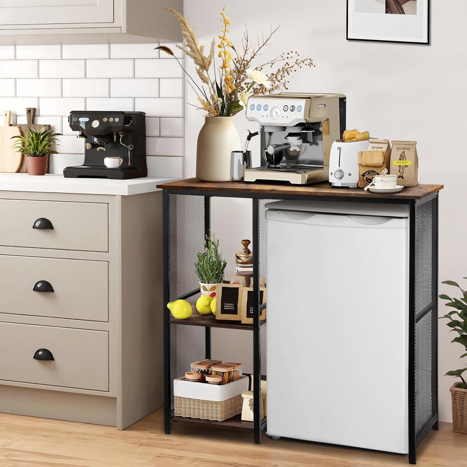 Mini Fridge Cabinet with Storage, 3-Tier Mini Fridge Shelf Microwave Stand Table Baker Rack, Utility Storage Shelf Fridge Stand for Kitchen Home Office, Vintage Wood