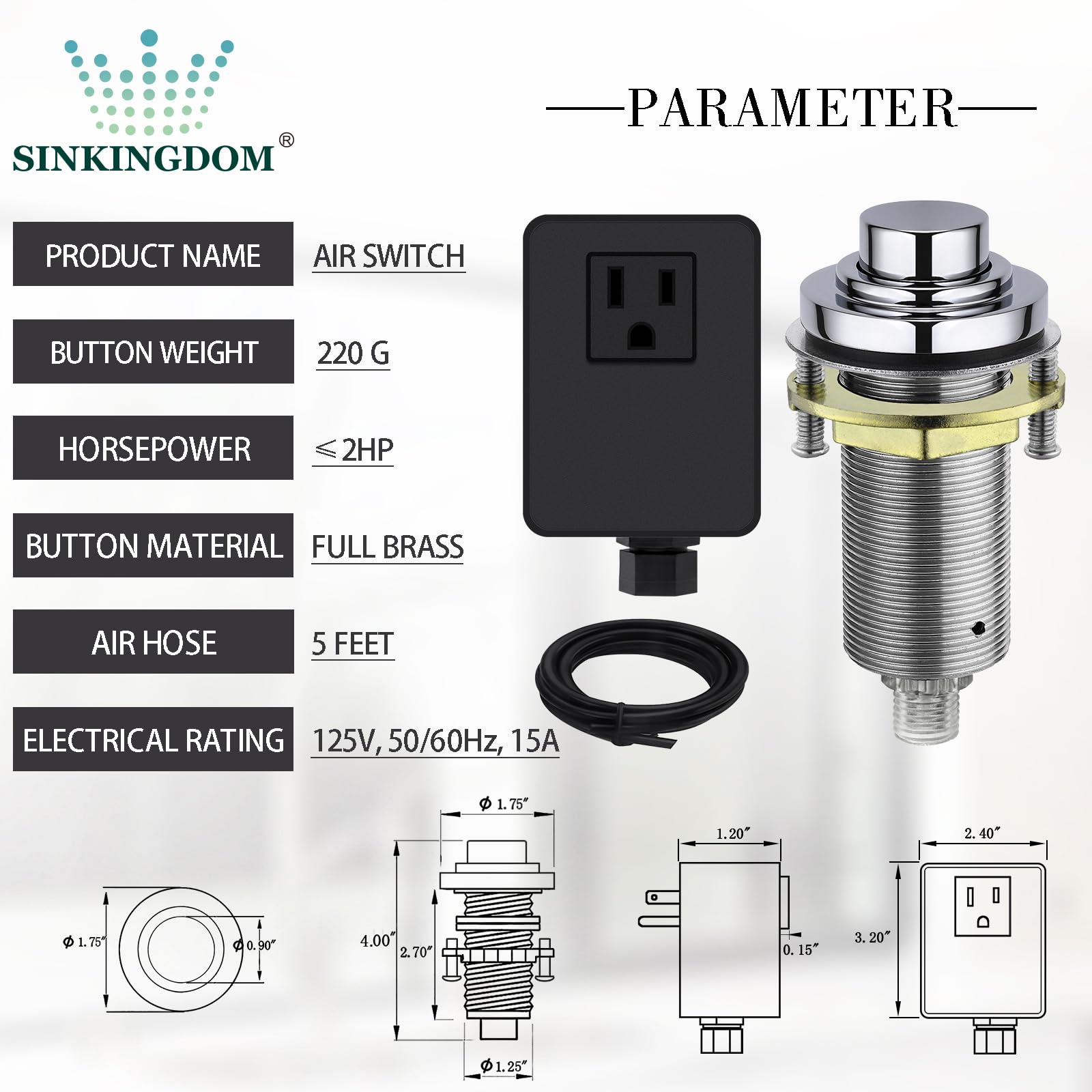Kit de interruptor de aire para fregadero (latón completo) para eliminación de basura, cables