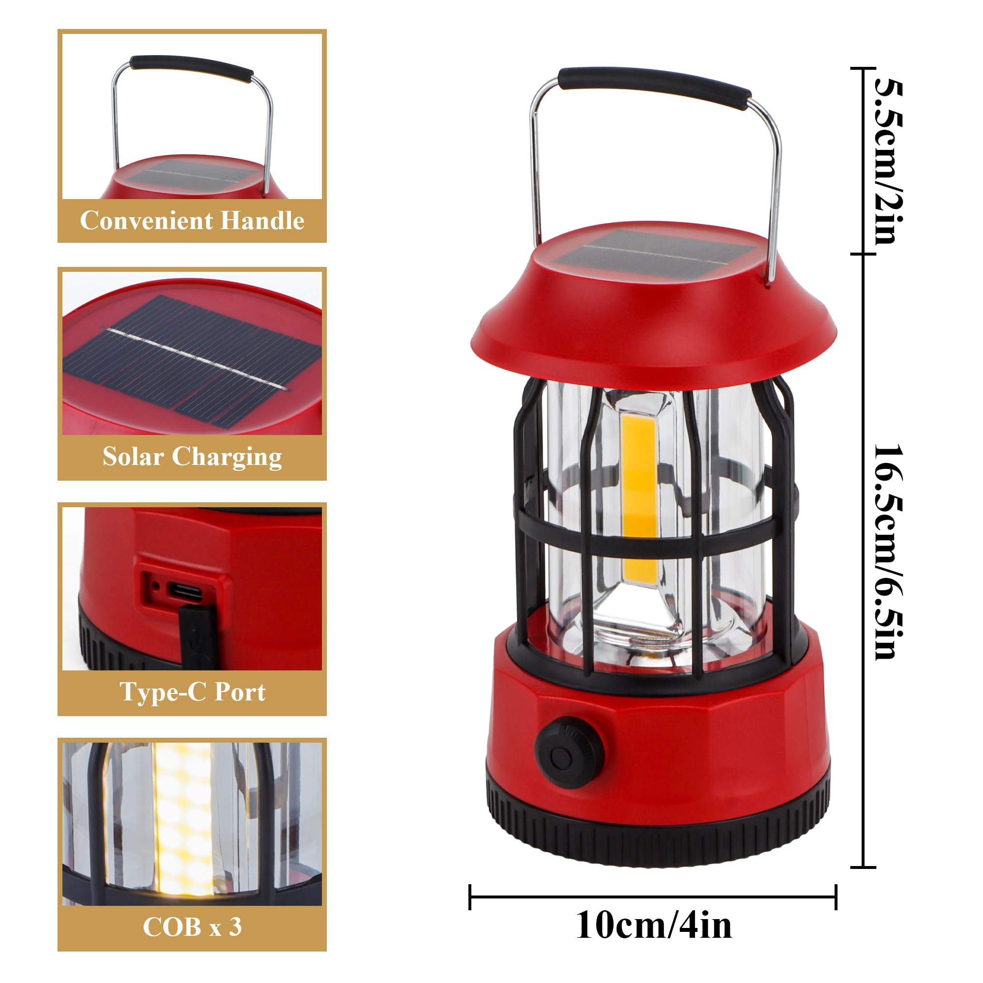 TRIROCKS Zestaw 2 solarnych latarni kempingowych LED, ściemnialna, ładowalna, IPX3, wodoodporna, przenośna, awaryjna, na kemping, do domu, przerwy w dostawie prądu, huragan, wędrówki (Czerwona)