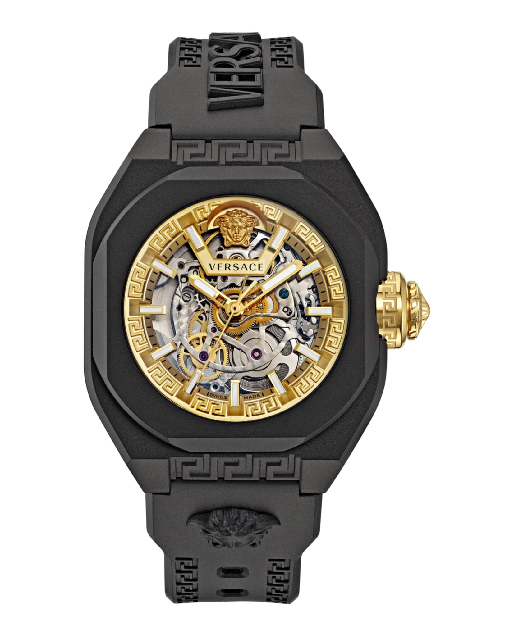 VersaceV-Legend Skeleton Collection Luxury Mens Watch Timepieces with a Black Strap and Case Featuring a Gold Dial