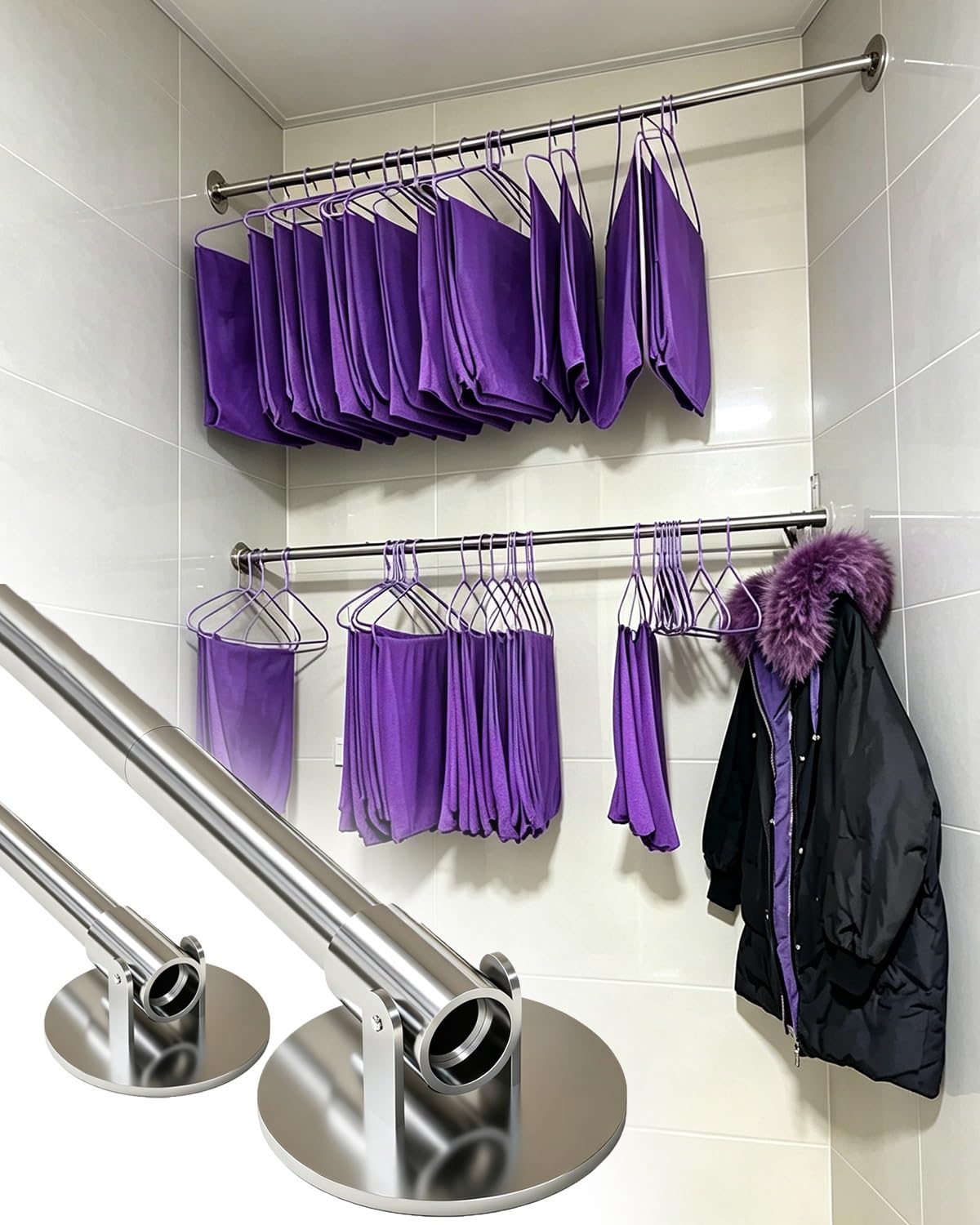 Wardrobe Rail 2 Pack Angled Wall Closet Rod Bracket Silver, Extendable Clothes Drying Support Pole For Wardrobe, Small Spaces Hanging Angle Curtain Rod(55-75cm(21 5/8"-29 1/2"))