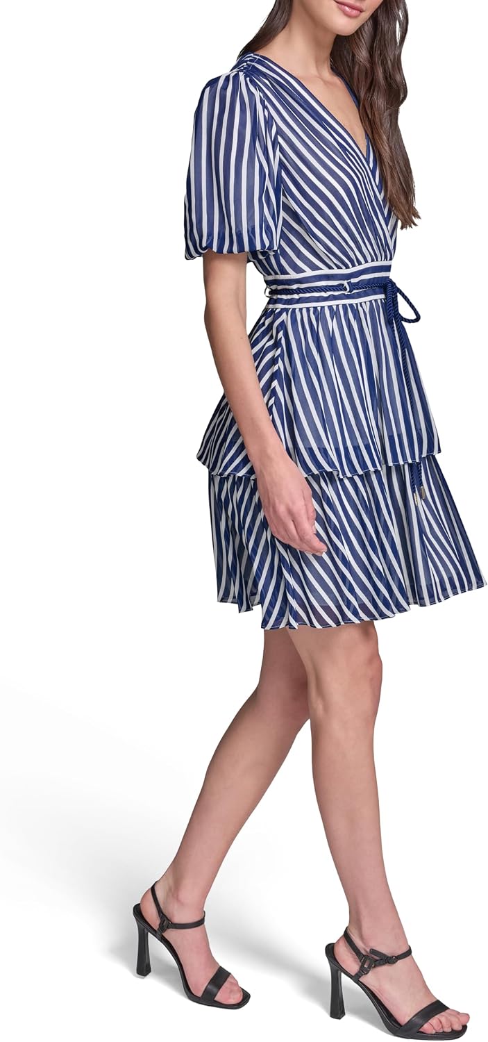 Karl Lagerfeld Women's Short Sleeve V Neck Stripe Chiffon Fit and Flare Rope Belt Dress