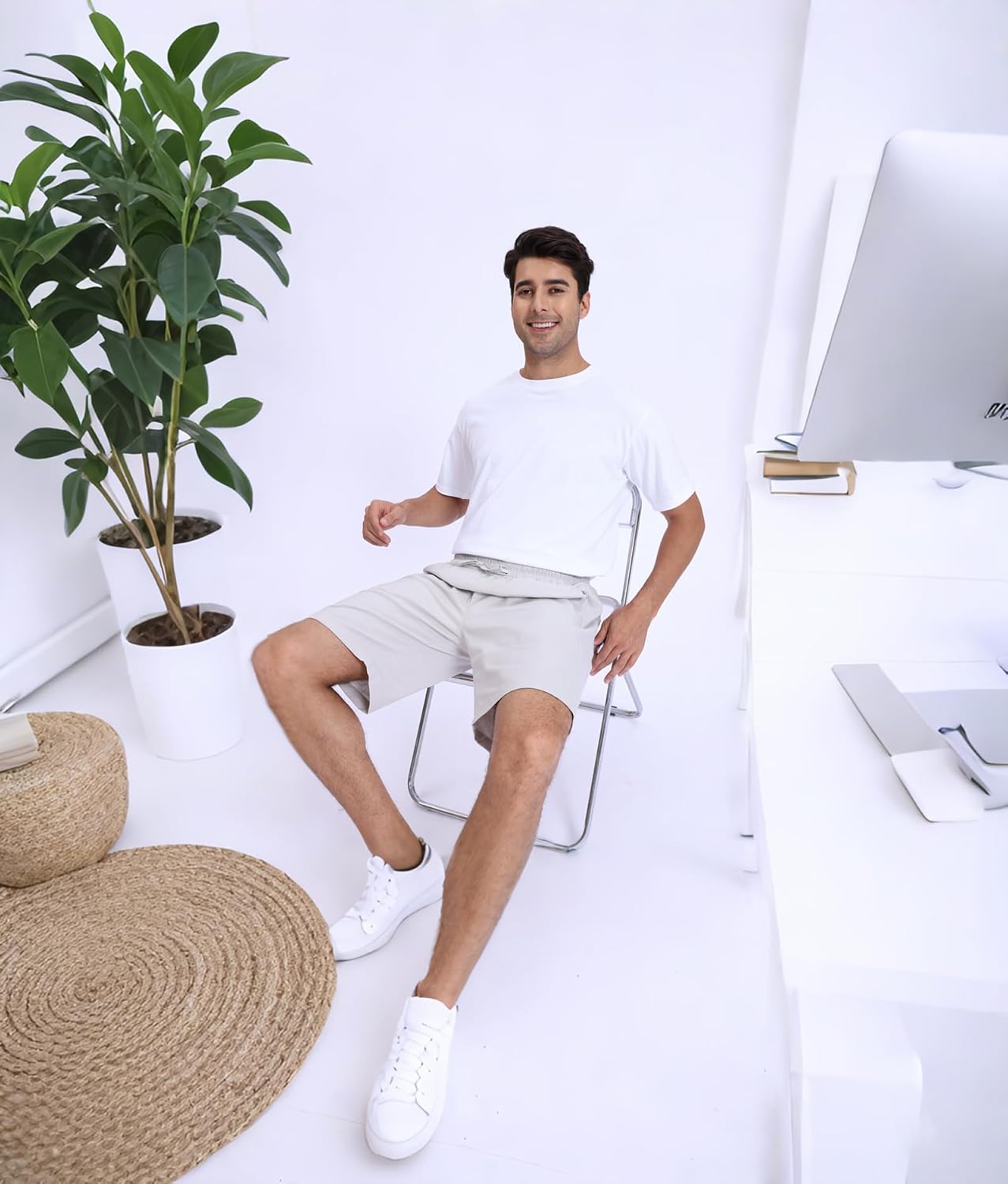 Men's Stretch Cotton Linen Shorts Casual Drawstring Relax Fit Elastic Waist Summer Beach Linen Shorts