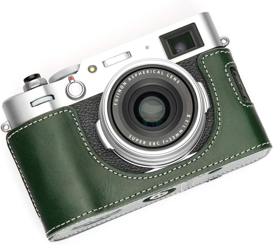Handmade Genuine Real Leather Half Camera Case Bag Cover for FUJIFILM X100V Green color