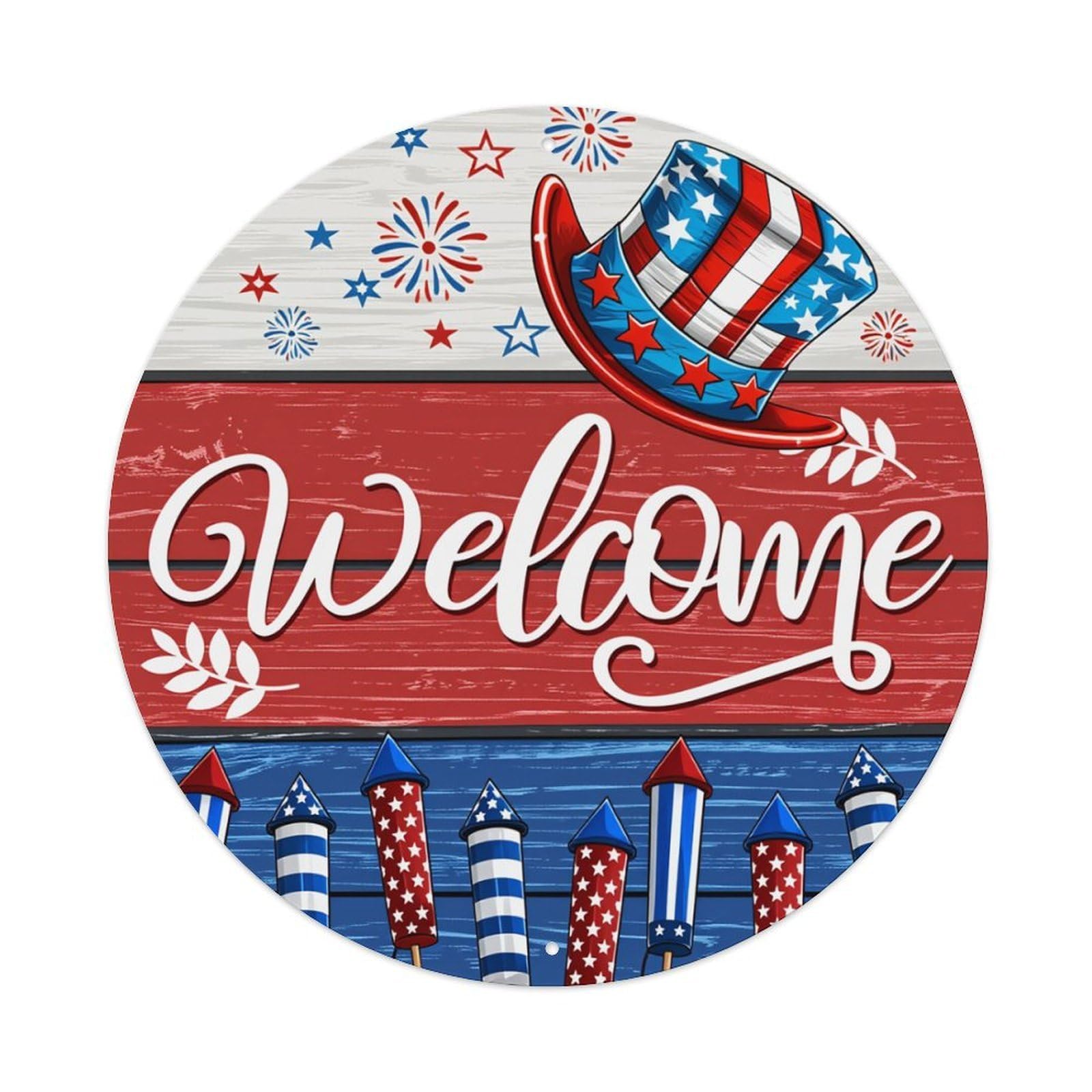 American Flag Hat Fireworks Stars Round Tin Sign Retro Metal Sign for Cafe Bar Pub Home Game Room Gym Club Wall Decoration Vintage Metal Poster 8x8 Inch