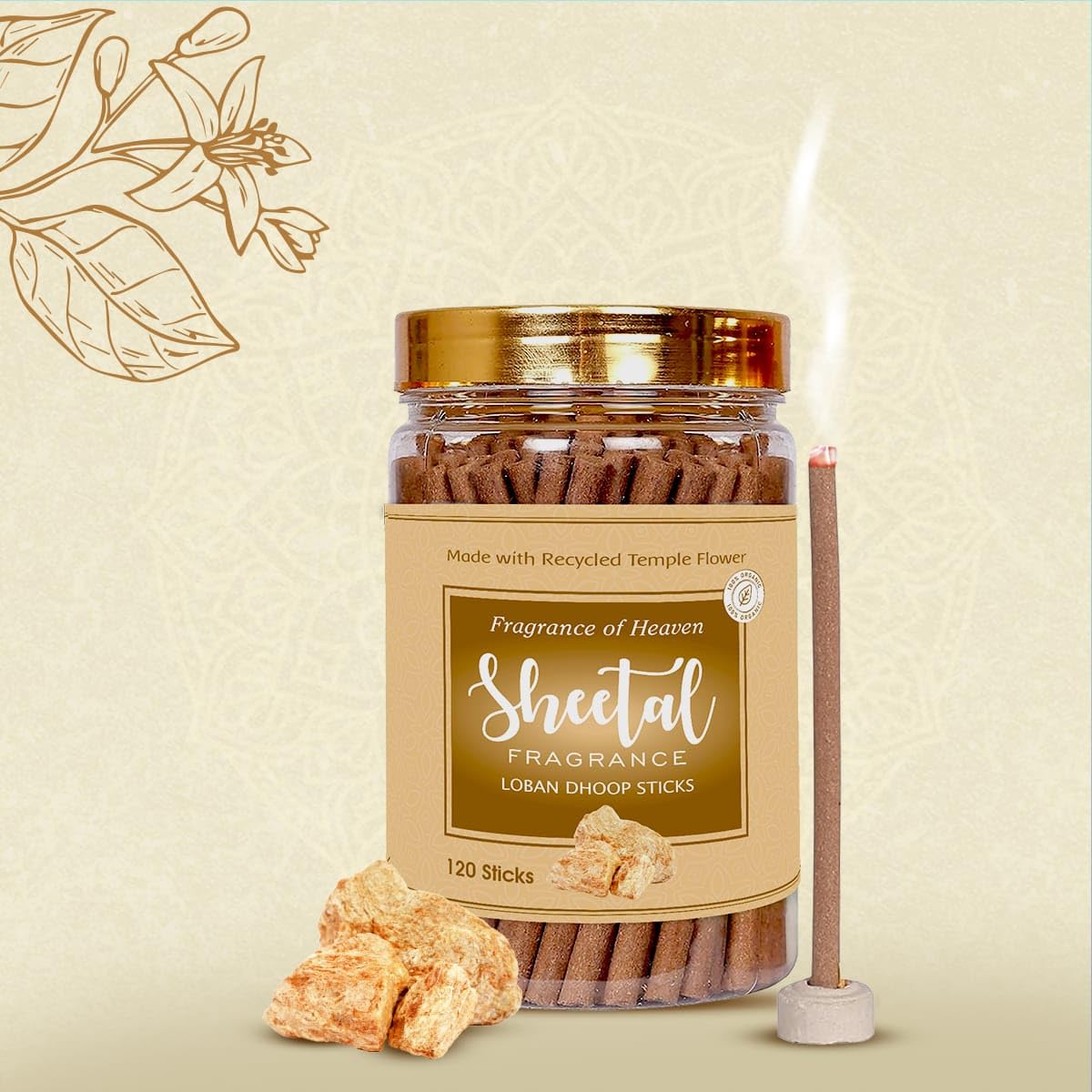 Loban Dhoop Sticks Made with Organic Recycled Flowers from Temples 4 Inch Sticks for Pooja 120 Count in Jar Box