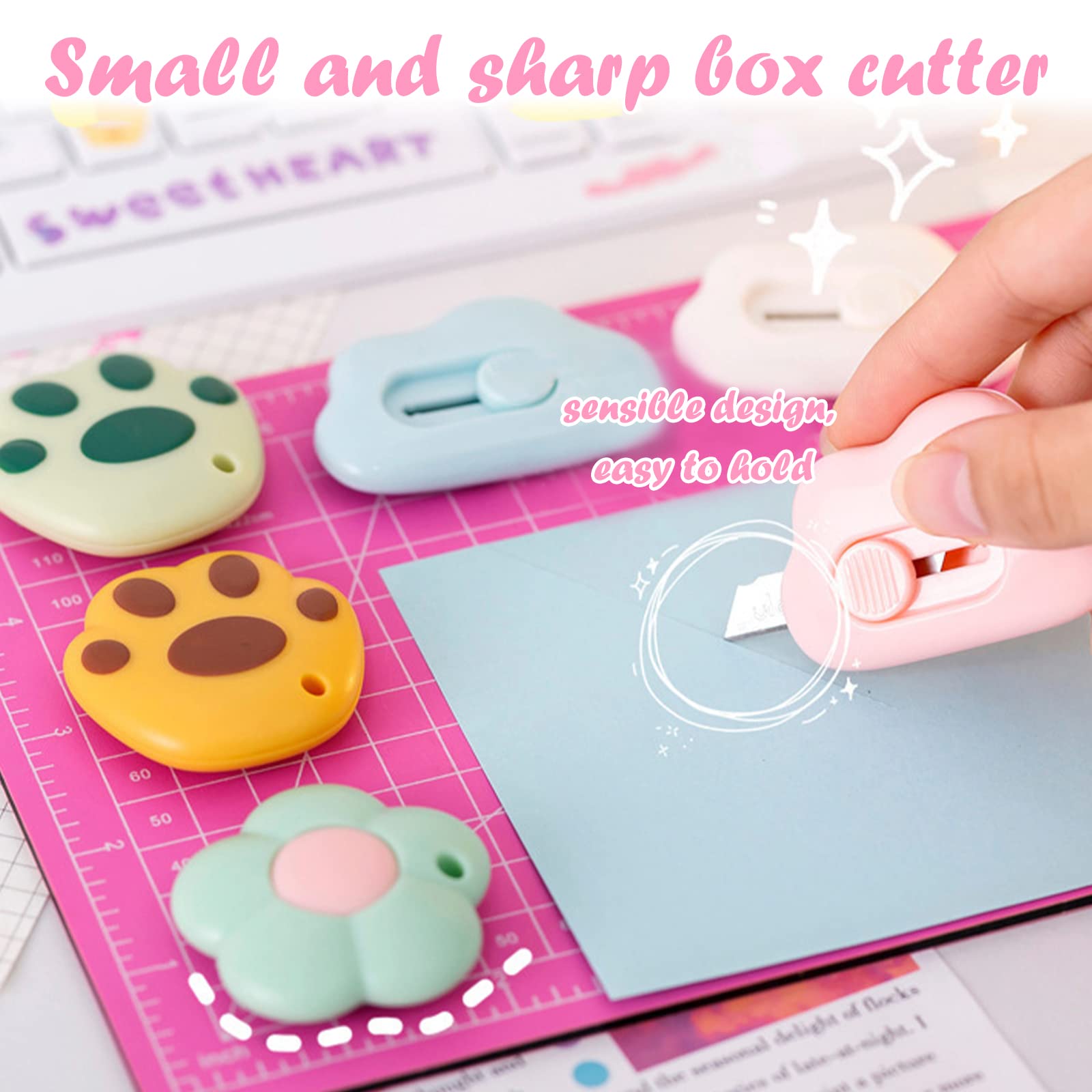 6pcs Mini Cutter Rétractable Kawaii - Couteaux De Poche Fleur Et Griffe De Chat