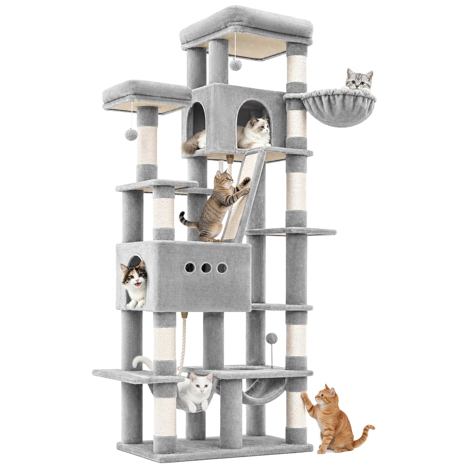 Hzuaneri Kratzbaum, 201 cm XXL Katzenbaum mit 9 Kratzsäulen, 2 Höhlen, 2 Hängematten, Große Plattform, Sisalseil, Korb, Schwerer Kratzbaum für Maine Coon, Große Katzen, Hellgrau 8320018LG