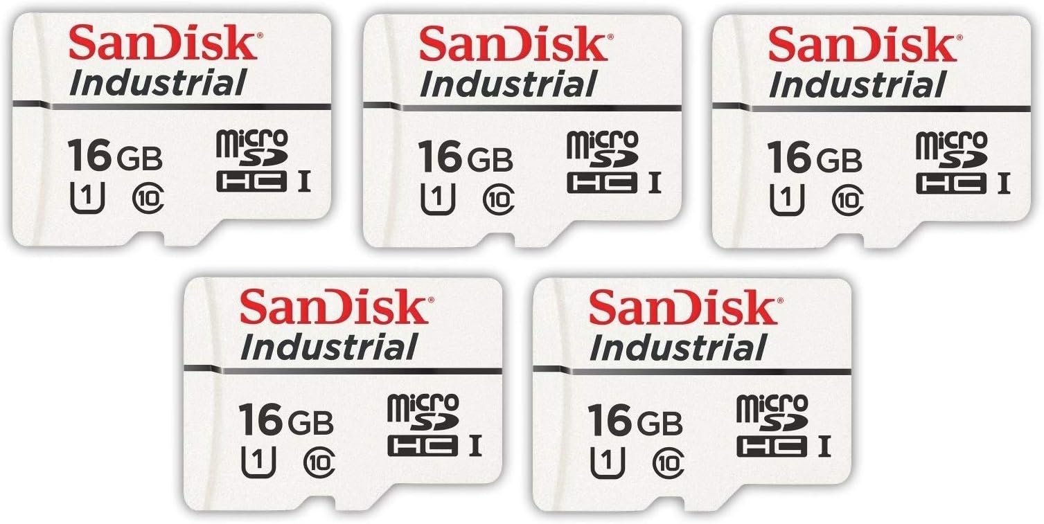 SanDisk Industrial 16GB Micro SD Memory Card Class 10 UHS-I MicroSDHC (Bulk 5 Pack) in Cases (SDSDQAF3-016G-I) Bundle with (1) Everything But Stromboli Card Reader
