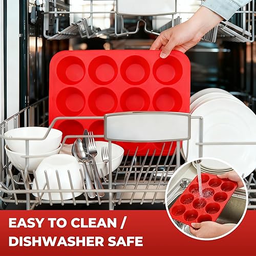 Miniatura 7 de Molde de silicona para panecillos para hornear Molde para magdalenas de 12 tazas con marco reforzado de metal, moldes de tamaño regular para