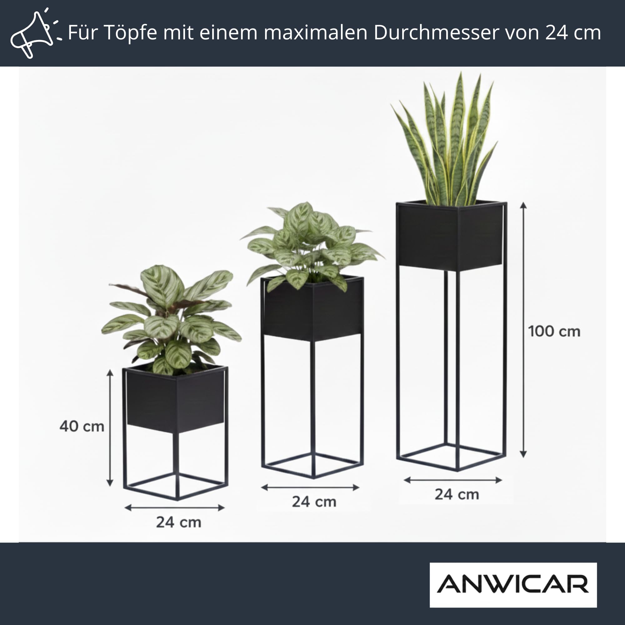 Blumenständer Metall Schwarz Set 3 (Höhe 40, 70 & 100 cm) - Pflanzenständer - Modern Deko Wohnzimmer - Salon Blumenhocker - Blumentreppe - Blumenregal Indoor