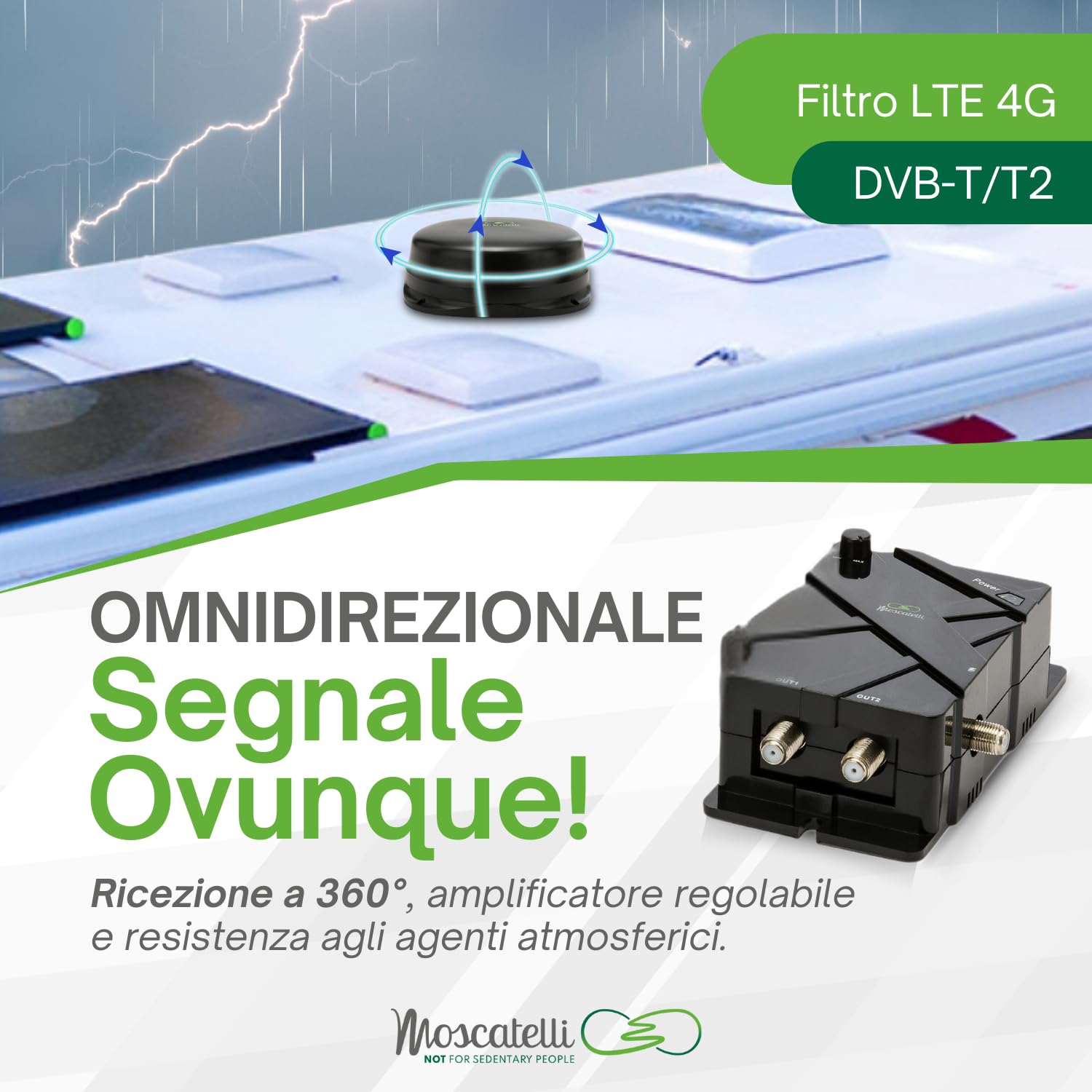 MOSCATELLI Antenna TV Camper Omnidirezionale DVB-T/T2 per Interno/Esterno – Antenna Camper 12/24/220V con Filtro LTE 4G – Kit Completo con Amplificatore Potente e Cavi Coassiali – Nero
