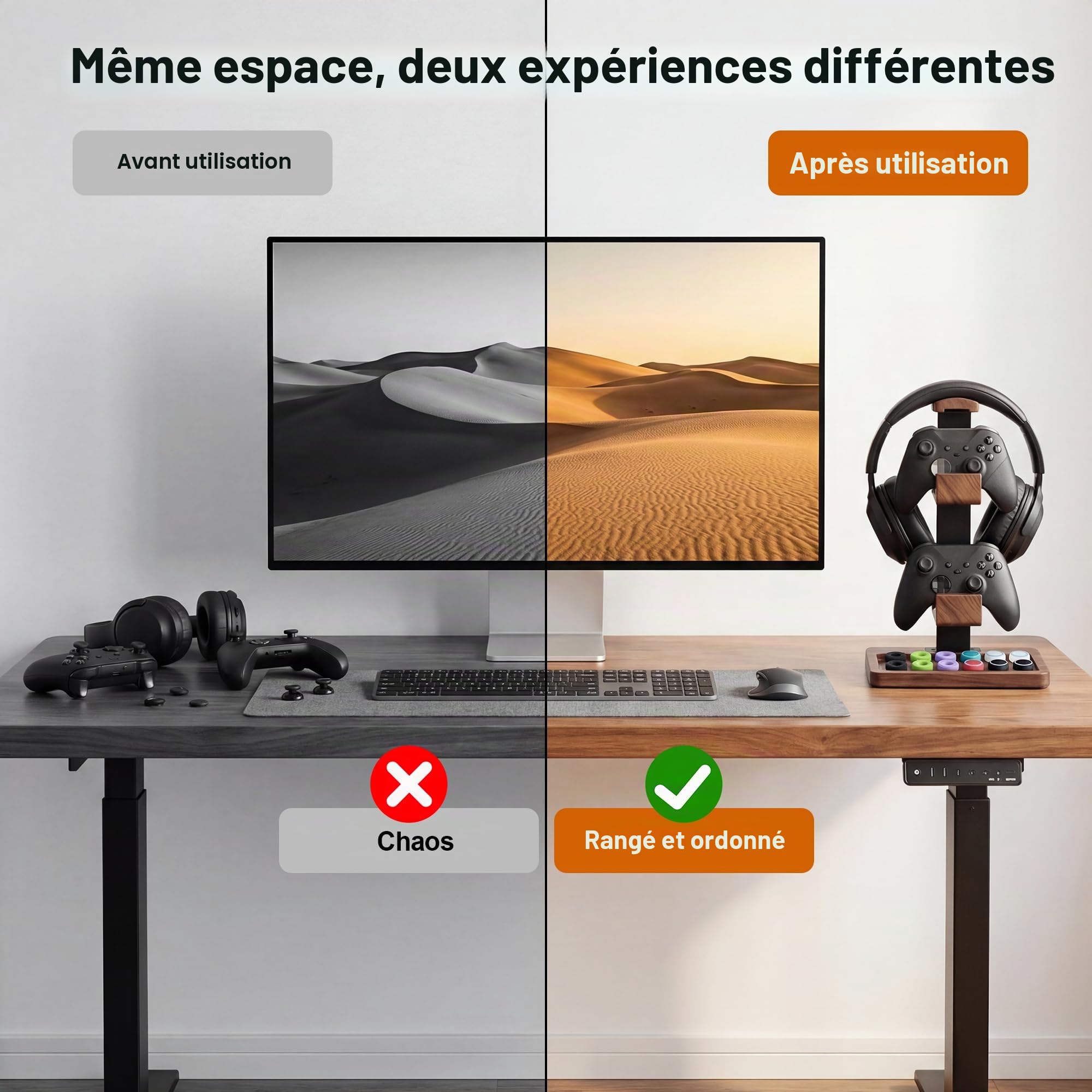 Support 2 en 1 pour manette et casque, Étagère de rangement à deux niveaux en bois massif pour accessoires de jeu. Support pour manette de jeu universelle/casque (Marron clair)