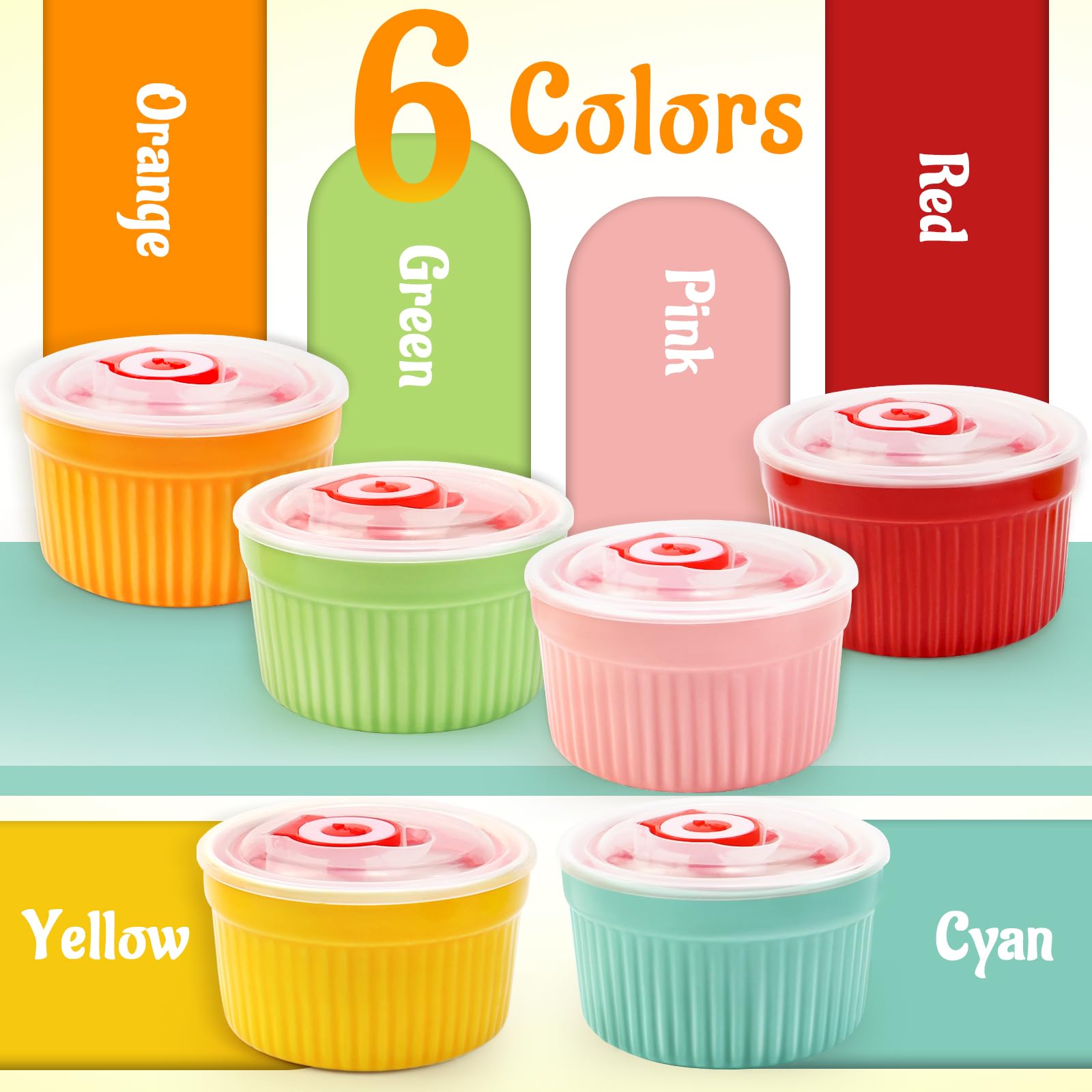 Cuencos de cerámica para crema brulee, 6 piezas, Ø9cm 220ml, moldes para soufflé con tapa, aptos para horno, cuencos para postres, mini molde para horno de color, para hornear en la cocina
