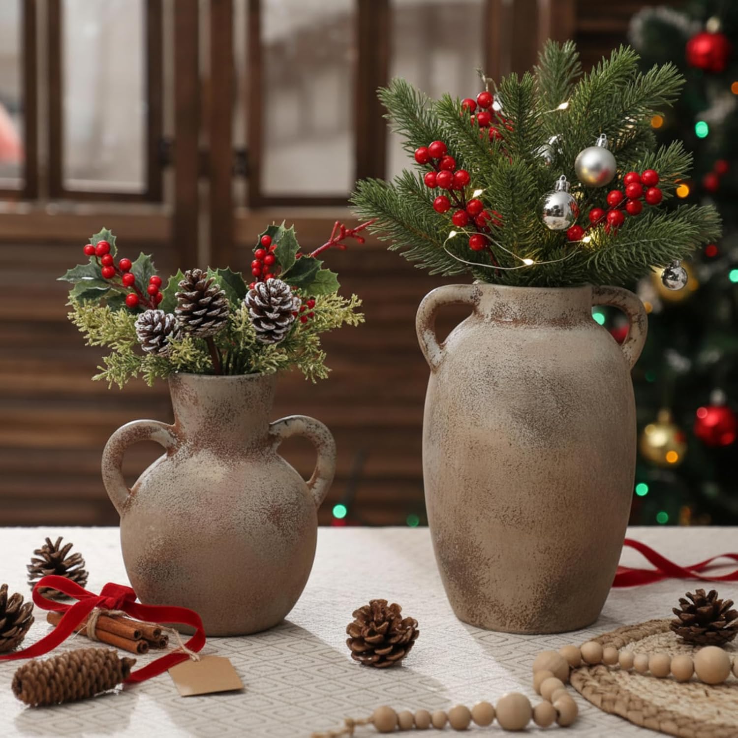 2 Pack Ceramic Rustic Farmhouse Vase with 2 Handles, 7.3" and 9.84" Boho Whitewashed Terra Cotta Vase Pottery Decorative Flower for Table Living Room Bathroom Shelf Mantel Home Decor