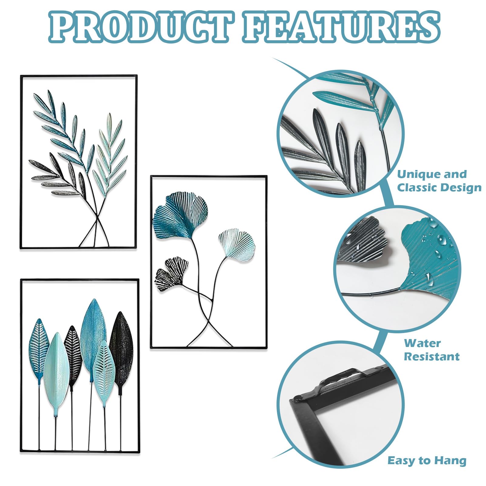 MeYuxg 3 unidades de decoración de pared de metal para salón, 30 x 43 cm, cuadros de metal con marco, moderno hogar, para dormitorio, cocina, oficina