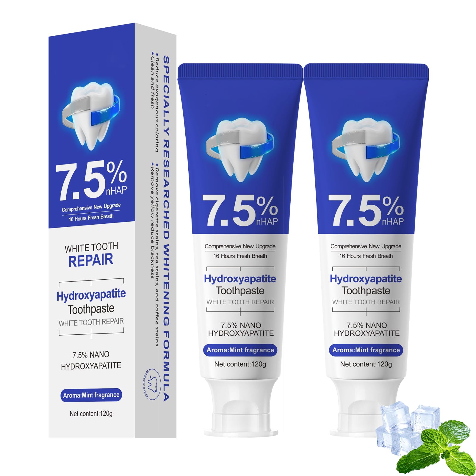 7.5% Hydroxyapatite Toothpaste, Nano Hydroxyapatite Toothpaste for Enamel Protection and Tooth Strengthening, Fluoride-Free Formula, Gentle Mint, Fresh Breath