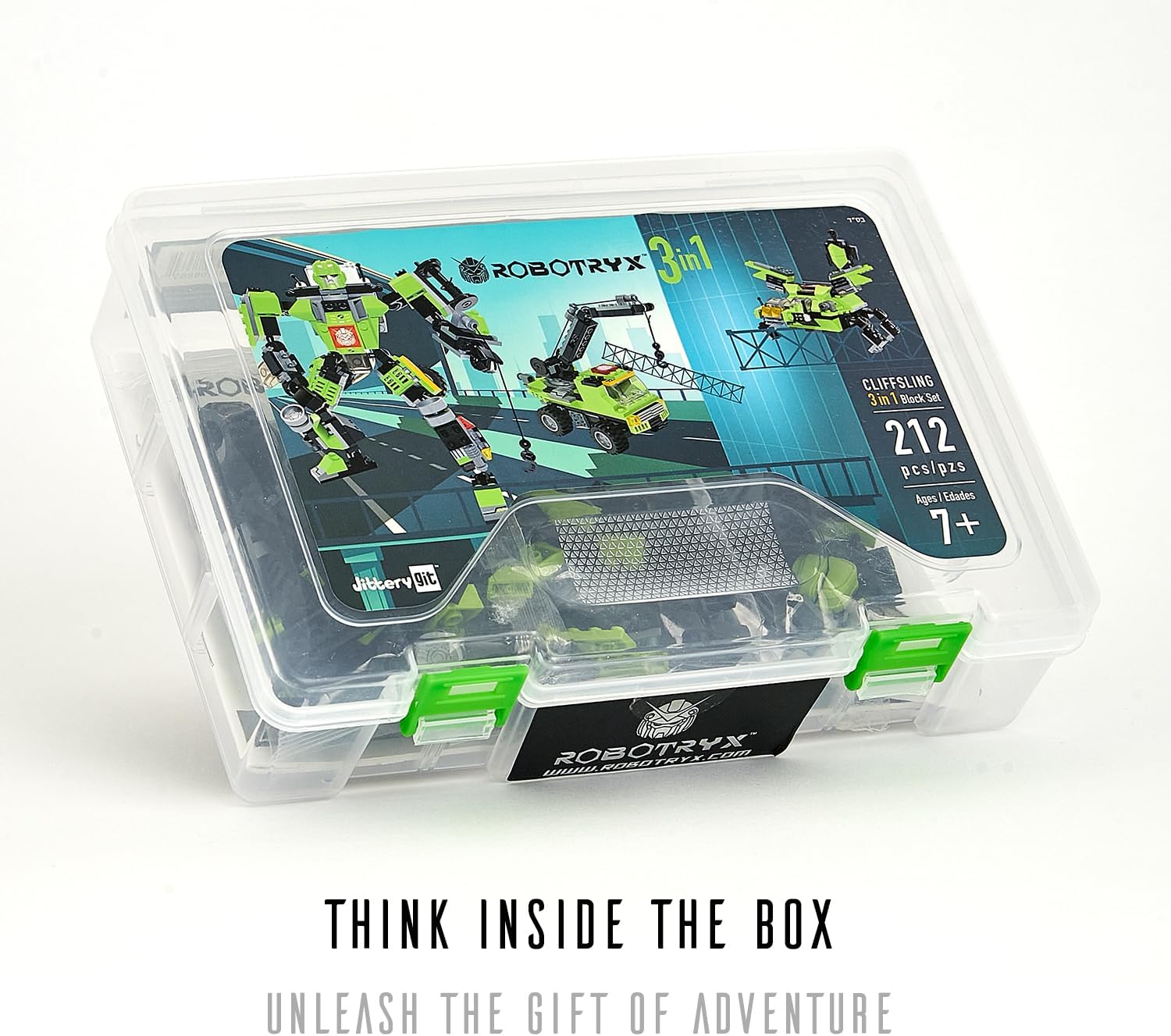 Clear plastic storage box for JITTERYGIT Robotryx Cliffsling building set