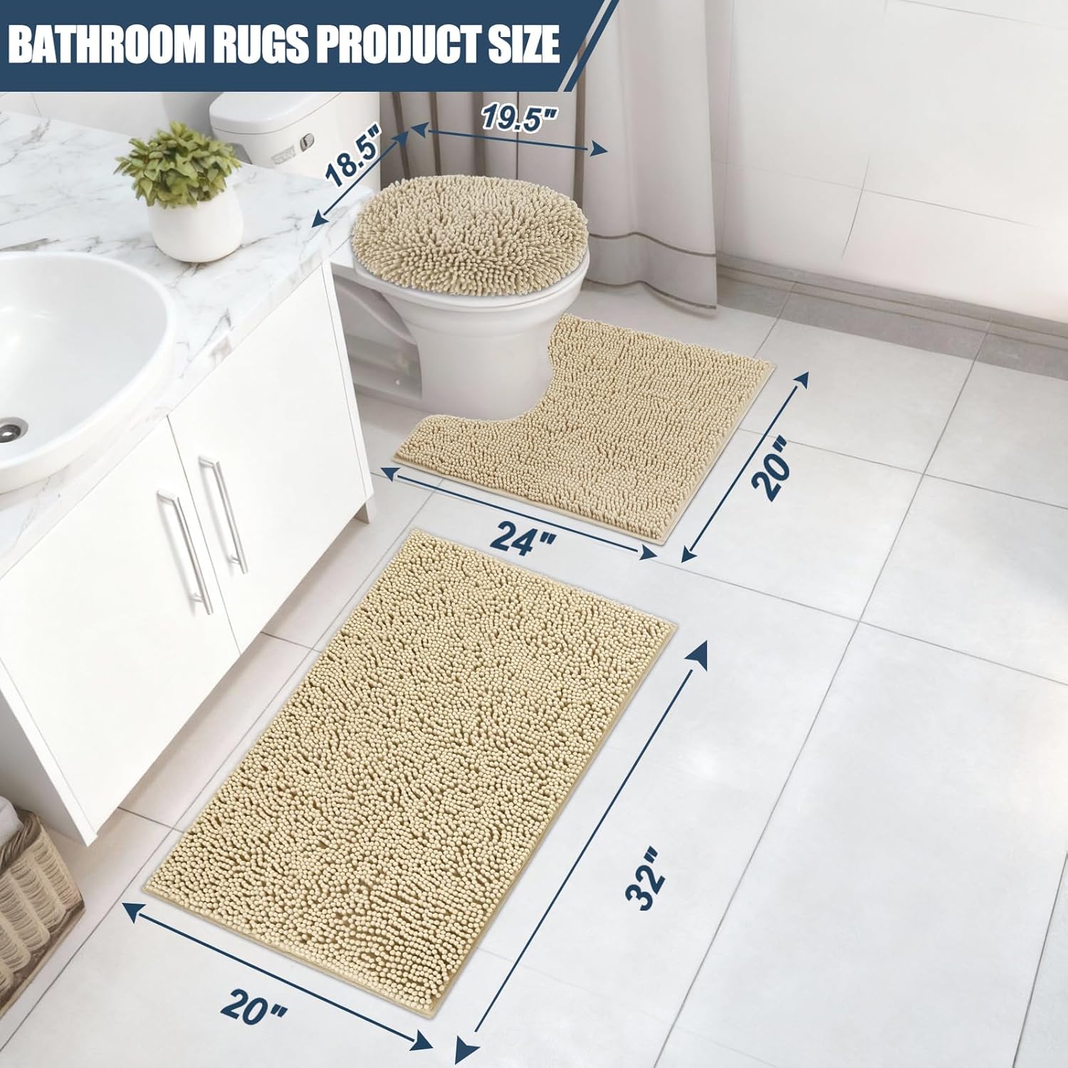 Bathroom Rugs Sets 3 Piece with Adjustable Toilet Seat Cover 19.5"x 18.5" Machine Washable Bath Rug Set with TPR Non Slip Rubber Backing Solid Bath Mat Set for Luxury Bathroom Decoration