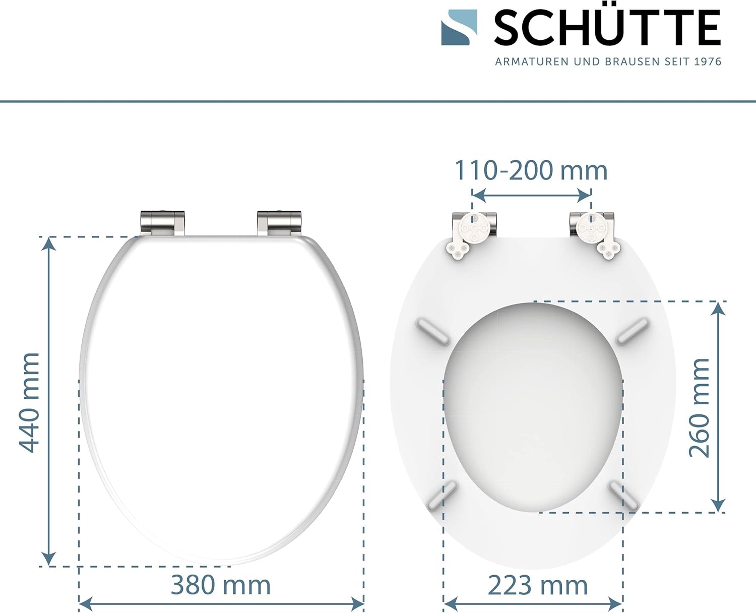 Diagram showing dimensions of the Schütte 84100-A toilet seat