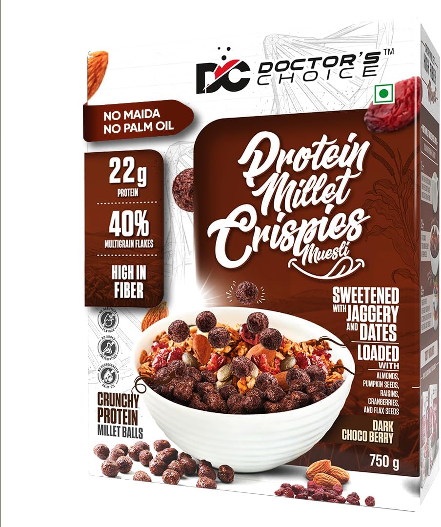 DC DOCTORS CHOICE High Protein Multigrain Muesli|22 Gm Protein|No Maida|No Palm Oil|Jaggery Sweetened Fiber-Rich|Preservative-Free|Healthy Crunchy Treat|750 Gram|Chocolate|1 Count