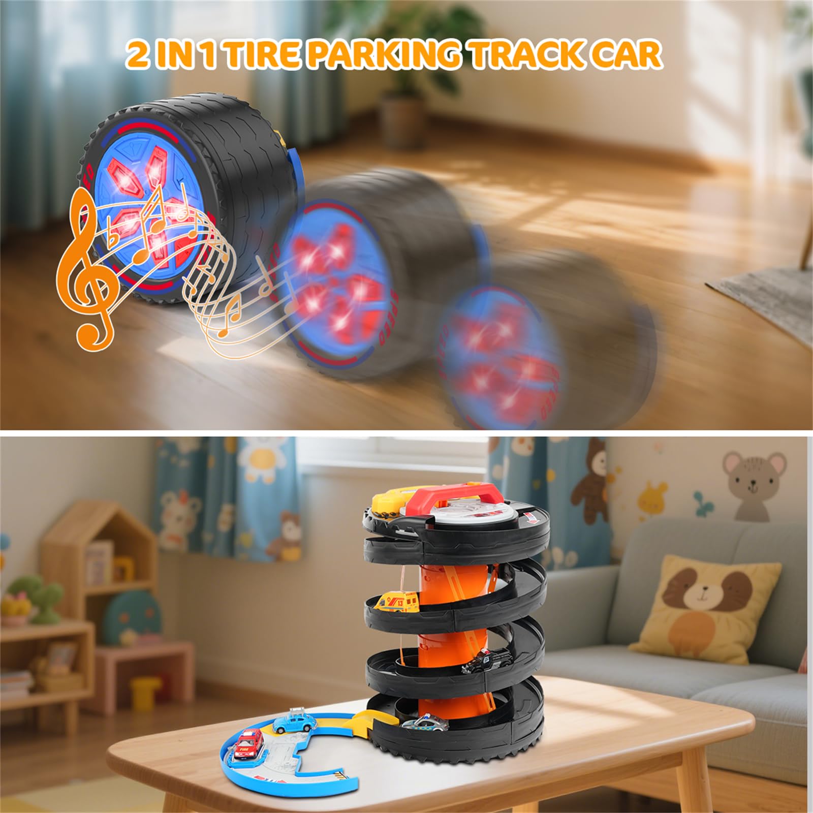 VATOS Set di piste da corsa per auto giocattolo, 2 in 1, pieghevoli, torre per bambini con 5 auto da corsa, gioco con ruota rotante con luci e suoni, giocattoli per auto regalo per bambini e bambine