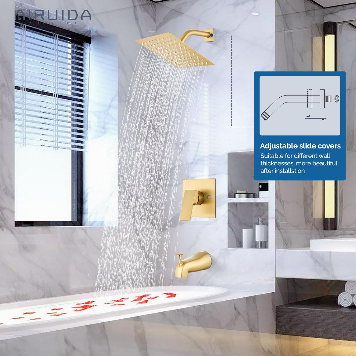 Airuida Shower Faucet Set Shower Trim Kit with Female Thread Rough-in Valve Single Function Shower Head Shower Faucet Set with 8 Inch Rainfall Square Showerhead and Tub Spout Bathtub Faucet Kit