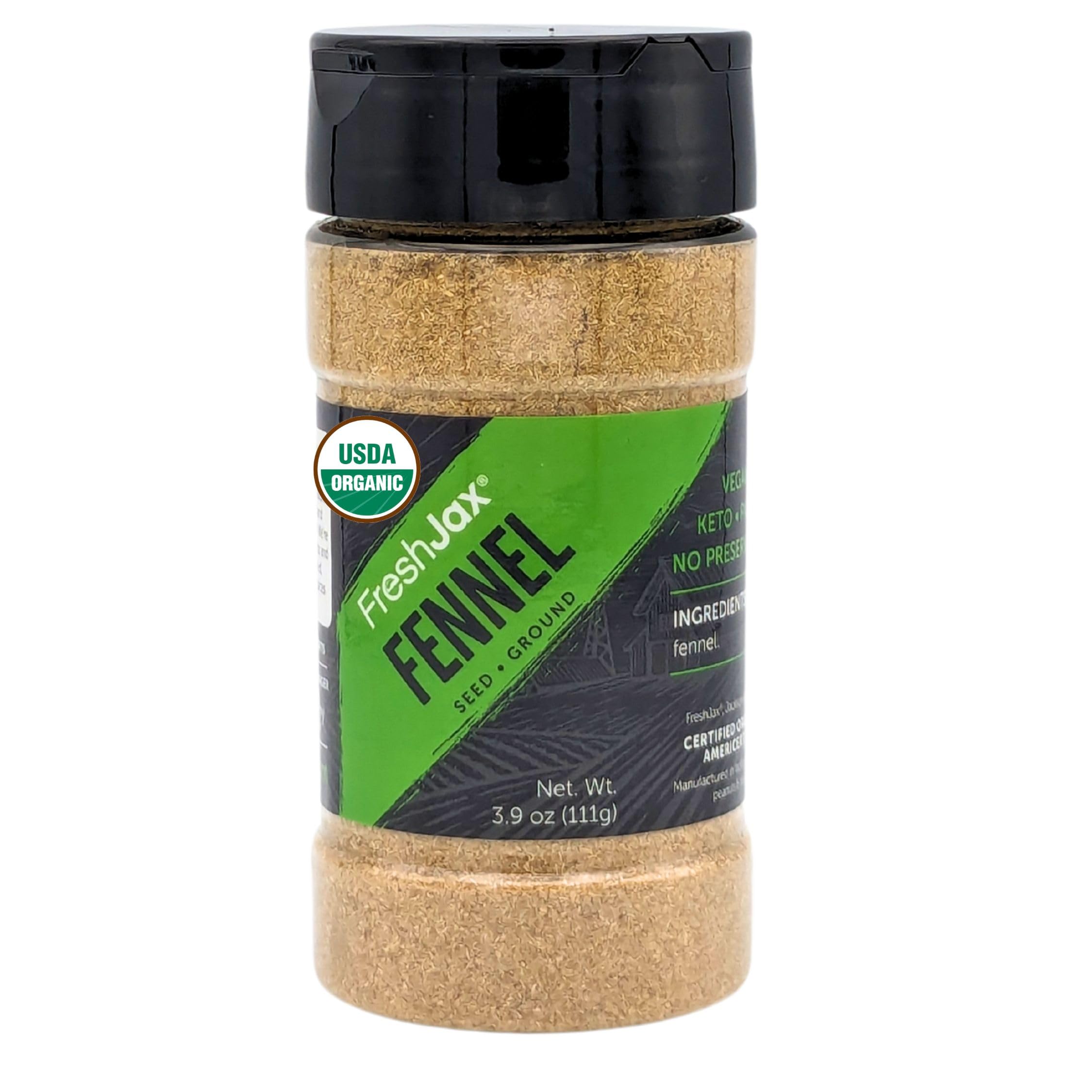 FreshJax Organic Ground Fennel Seed Powder 3.9oz | Sweet Aromatic Spice for Italian Sausage, Pork, Chicken, Curries, Soups, Baking Bread, Pasta Sauce, Marinades, Roasted Vegetables & Tea - Made in USA
