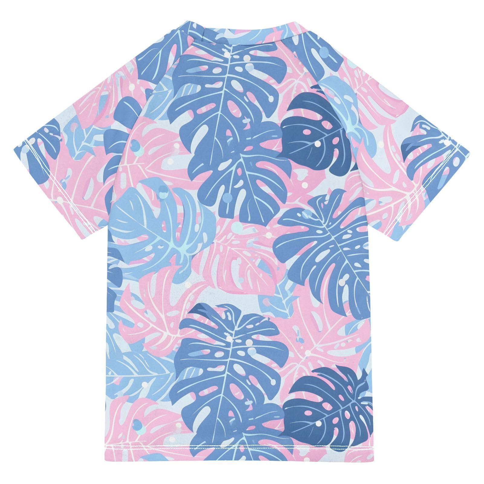ALAZA Boys Swim Shirt Short Sleeve Rash Guard for Boys Girls UPF 50+ Blue Pink Monstera Leaves 9-10T