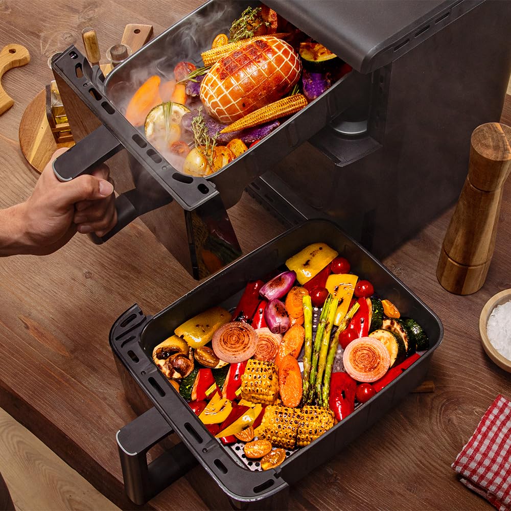 Cecotec Bezolejowa frytkownica powietrzna - Air Fryer 10L Cecofry DuoLevel 10000 DuoSize Window. 2000 W, konstrukcja pionowa, 2 zbiorniki 3,5 l i 6,5 l, synchronizacja, 10 menu, temperatura 80-200ºC