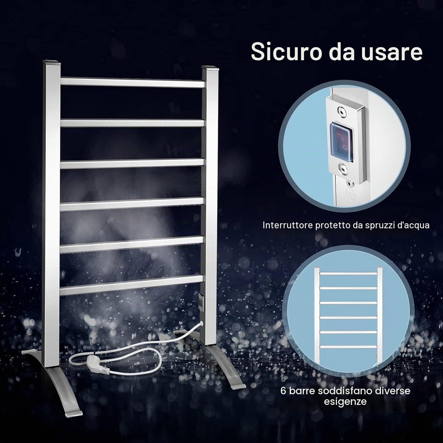 FANTASK Scaldasalviette elettrico 2 in 1, portasciugamani con 6 aste, autoportante e montato a parete, 100 W, telaio in alluminio, scaldasalviette